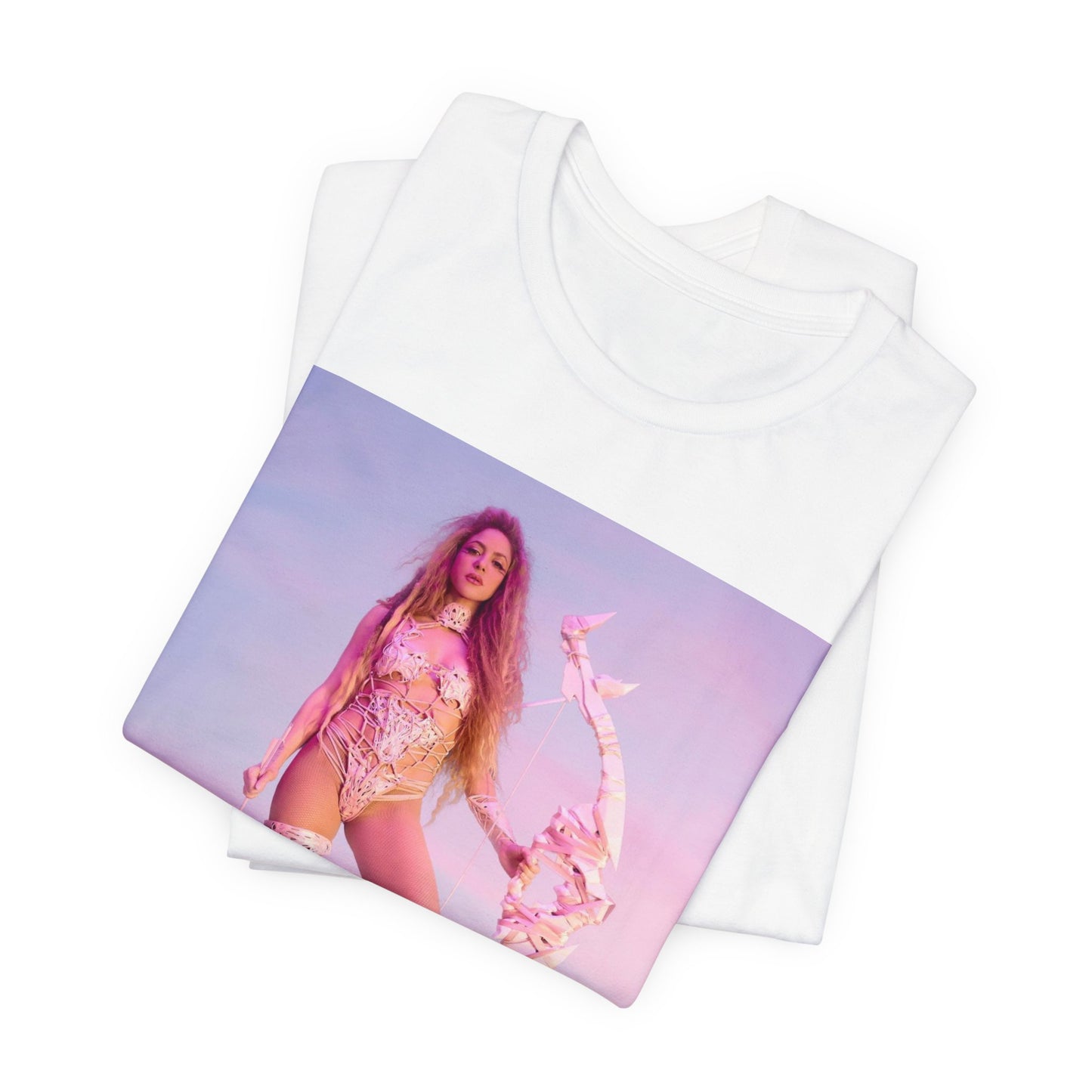 A black graphic t-shirt featuring a vintage ethereal warrior graphic of Shakira.
