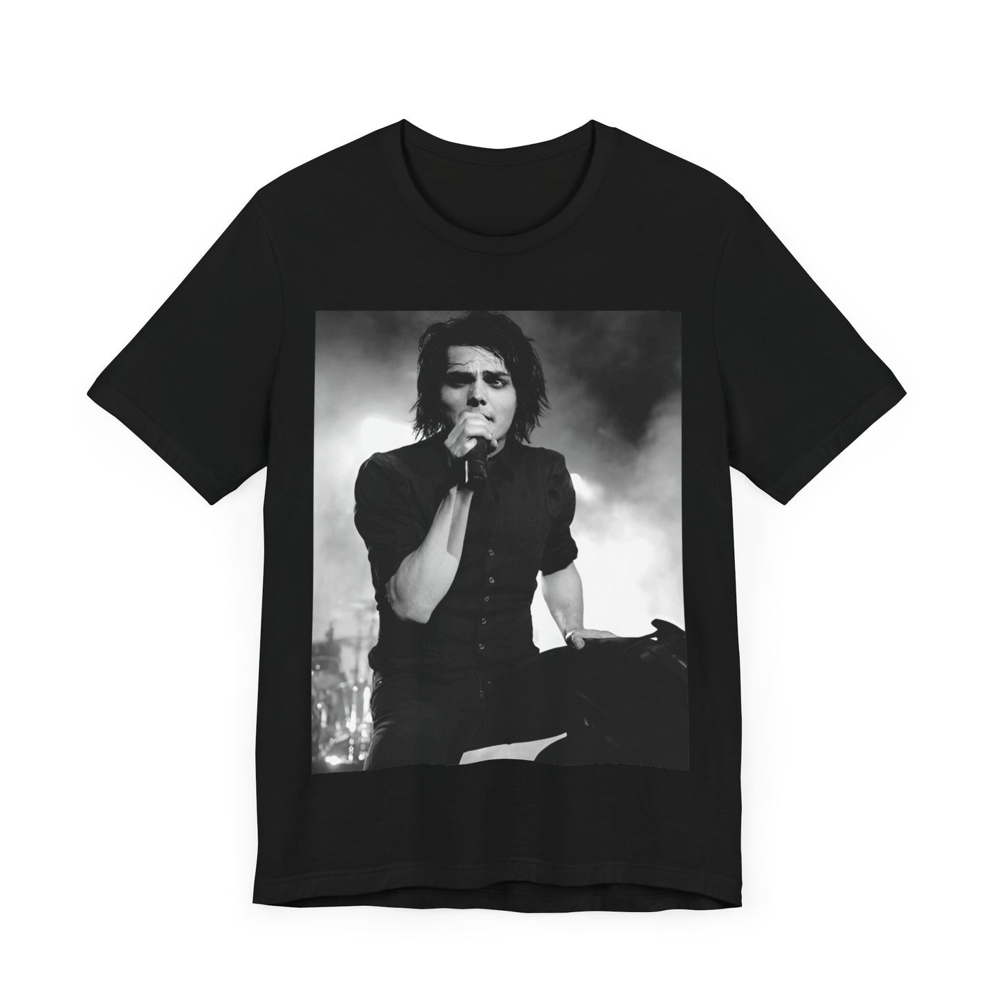 A black graphic t-shirt featuring a black and white graphic or photo of My Chemical Romance performing live in concert.