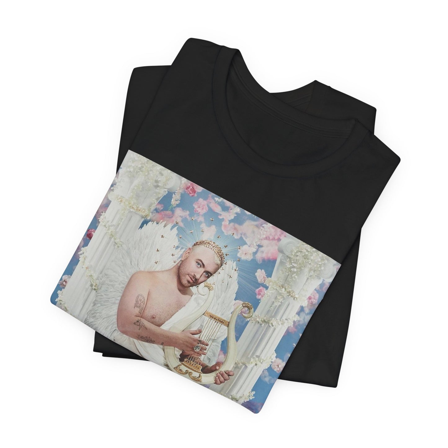 A black graphic t-shirt featuring a heavenly angel pop graphic of Sam Smith.