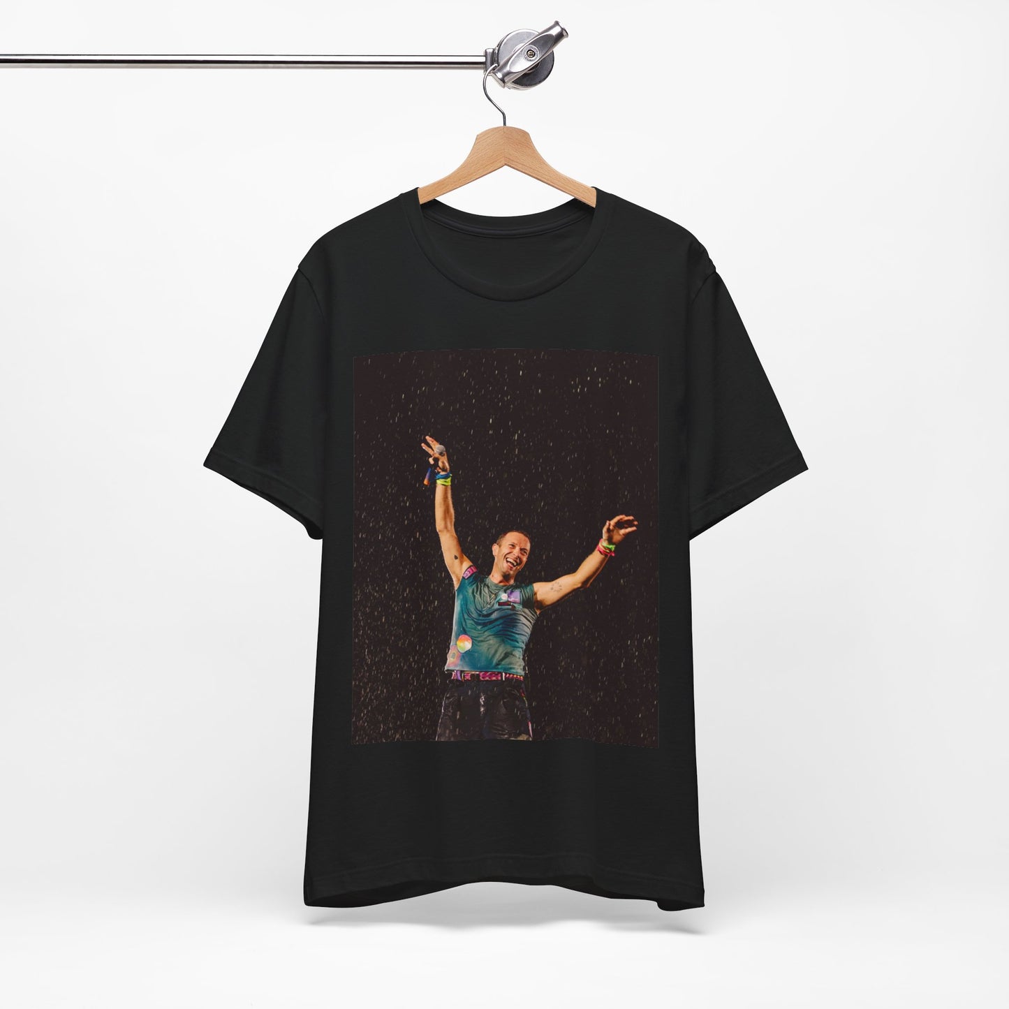 A black graphic t-shirt featuring a graphic related to Coldplay's song 'Fix You'.