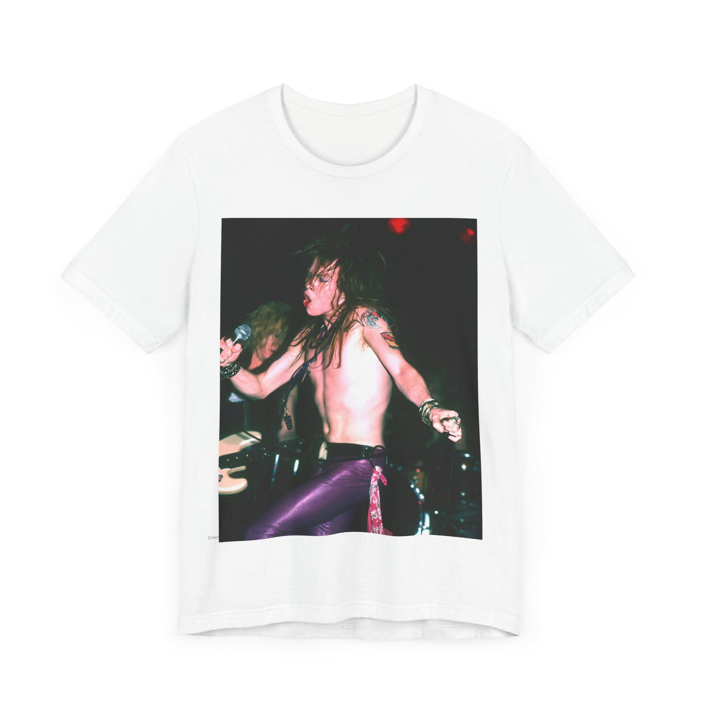 A black graphic t-shirt featuring a graphic of Axl Rose from Guns N' Roses performing on stage in the 80s.