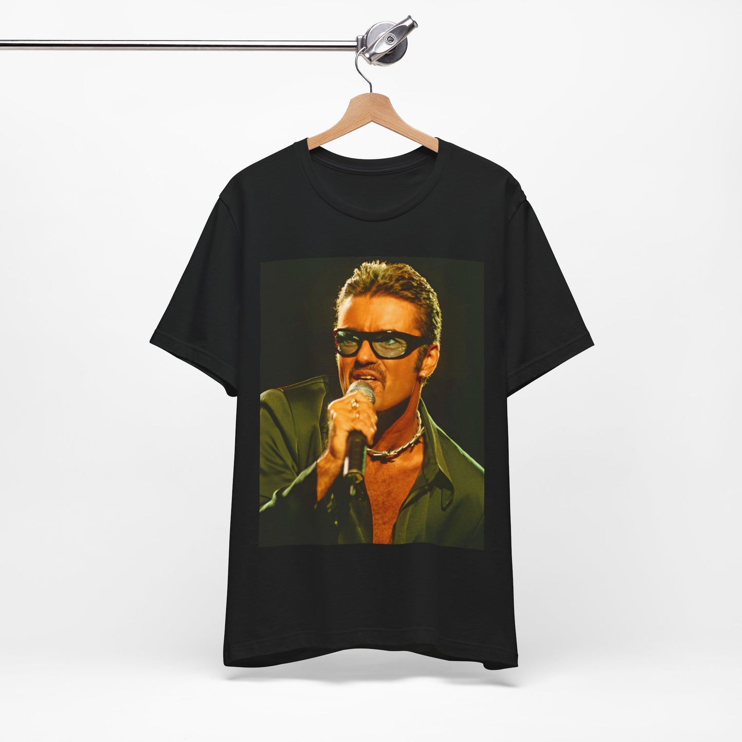 A black graphic t-shirt featuring a graphic related to George Michael's 'Freedom! '90' song.