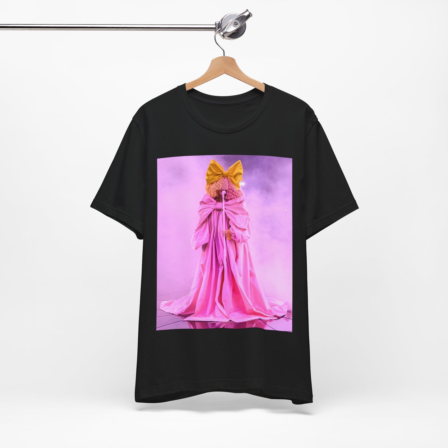 A black graphic t-shirt featuring a graphic related to Sia's 'Chandelier' song or live era.