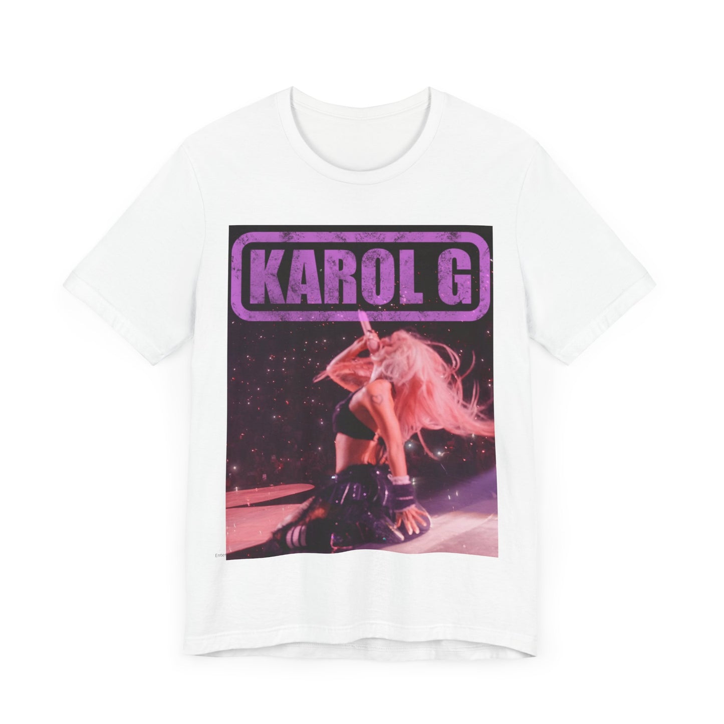 A black graphic t-shirt featuring a glamorous graphic or photo of Karol G performing live.
