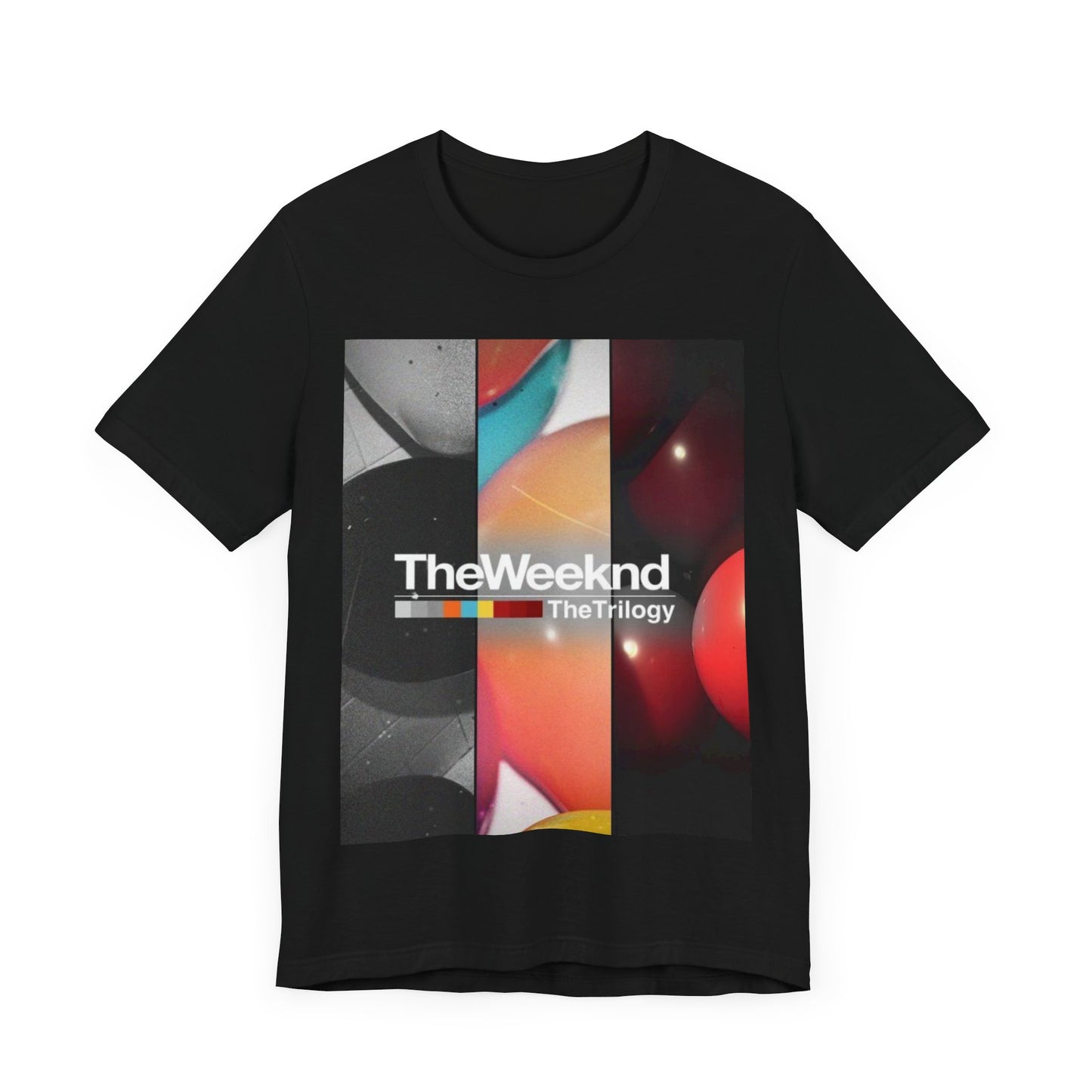 A black graphic t-shirt featuring a graphic related to The Weeknd's 'The Trilogy' album.
