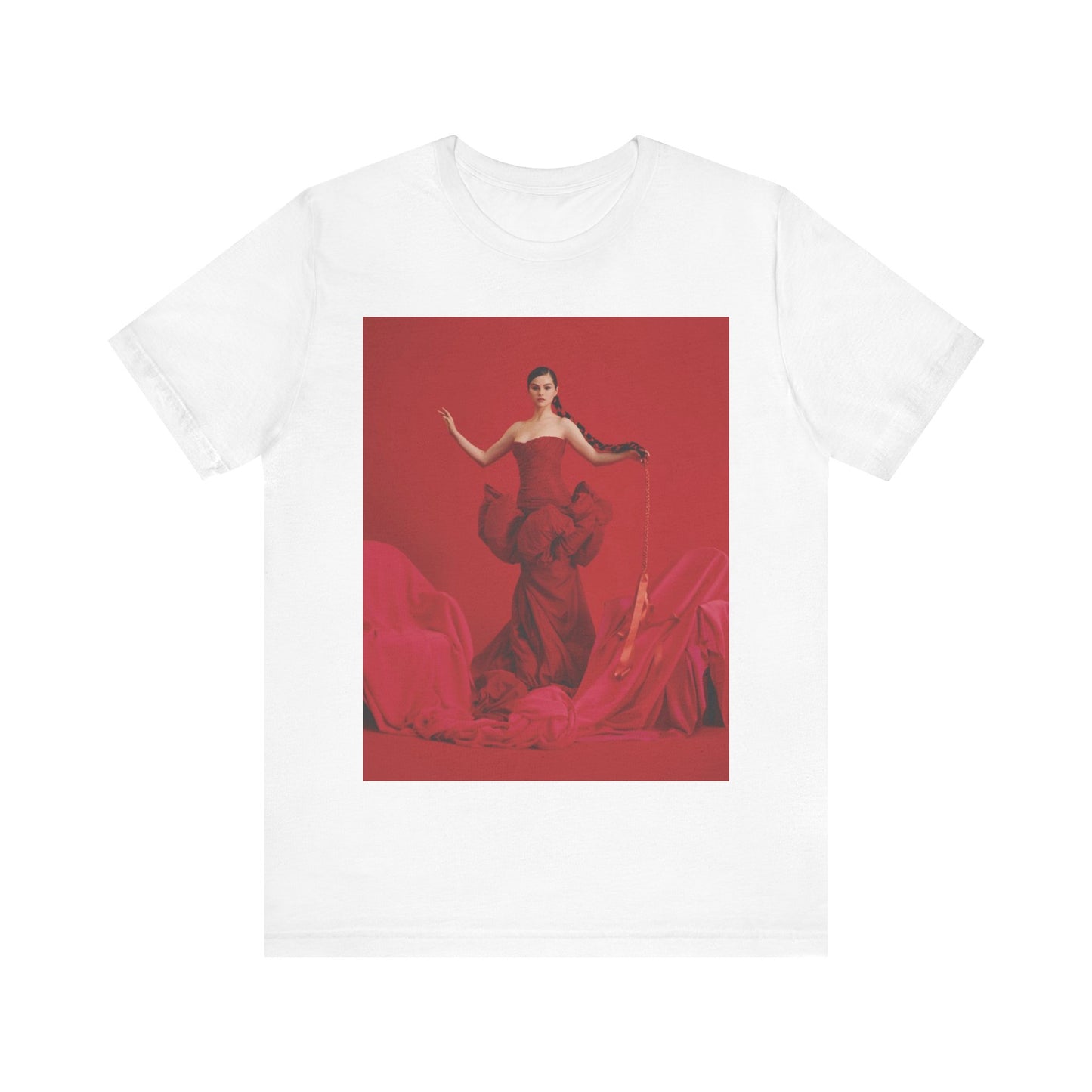 A black graphic t-shirt featuring a glam pop diva graphic of Selena Gomez.