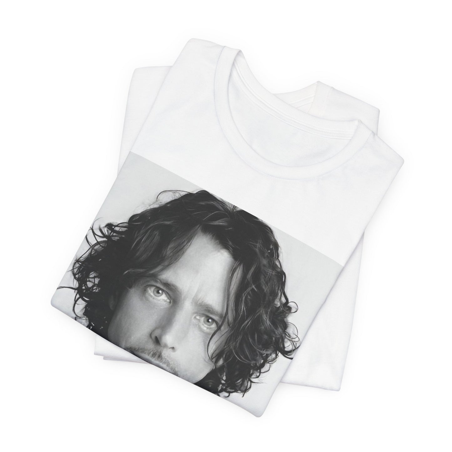 A black graphic t-shirt featuring a timeless black and white photo portrait of Chris Cornell.
