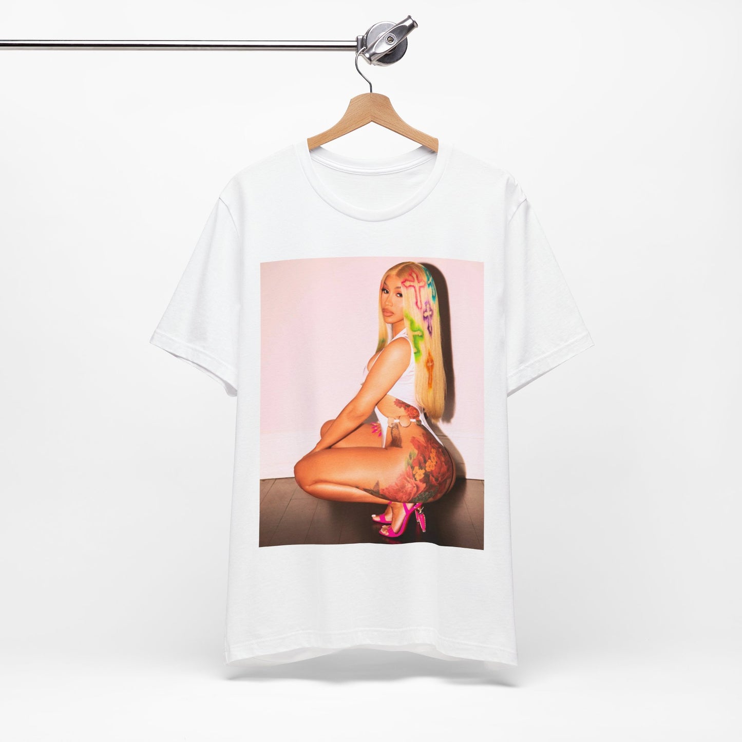 A black graphic t-shirt featuring a graphic of Cardi B in a bold, fashion-forward pose, emphasizing her 'fashion killa' style.