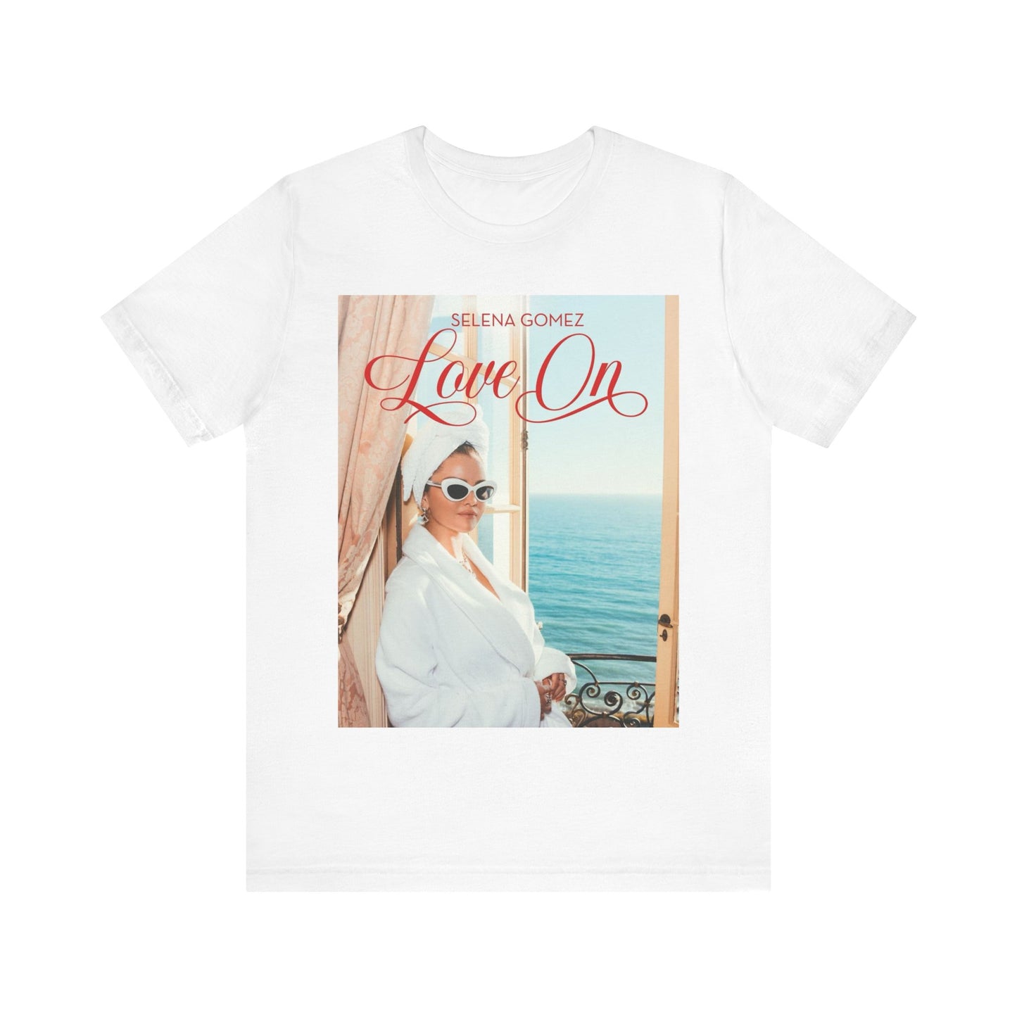 A black graphic t-shirt featuring a graphic related to Selena Gomez's 'Love On' song.