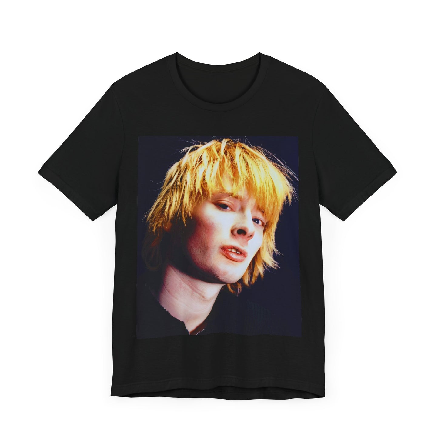 A black graphic t-shirt featuring an aesthetic graphic of Thom Yorke from Radiohead.