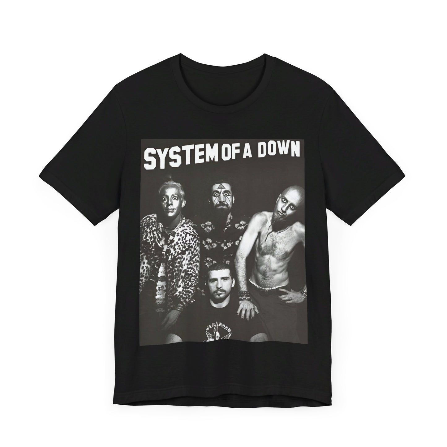 A black graphic t-shirt featuring a black and white graphic related to System of a Down's 'Chop Suey!' song or era.
