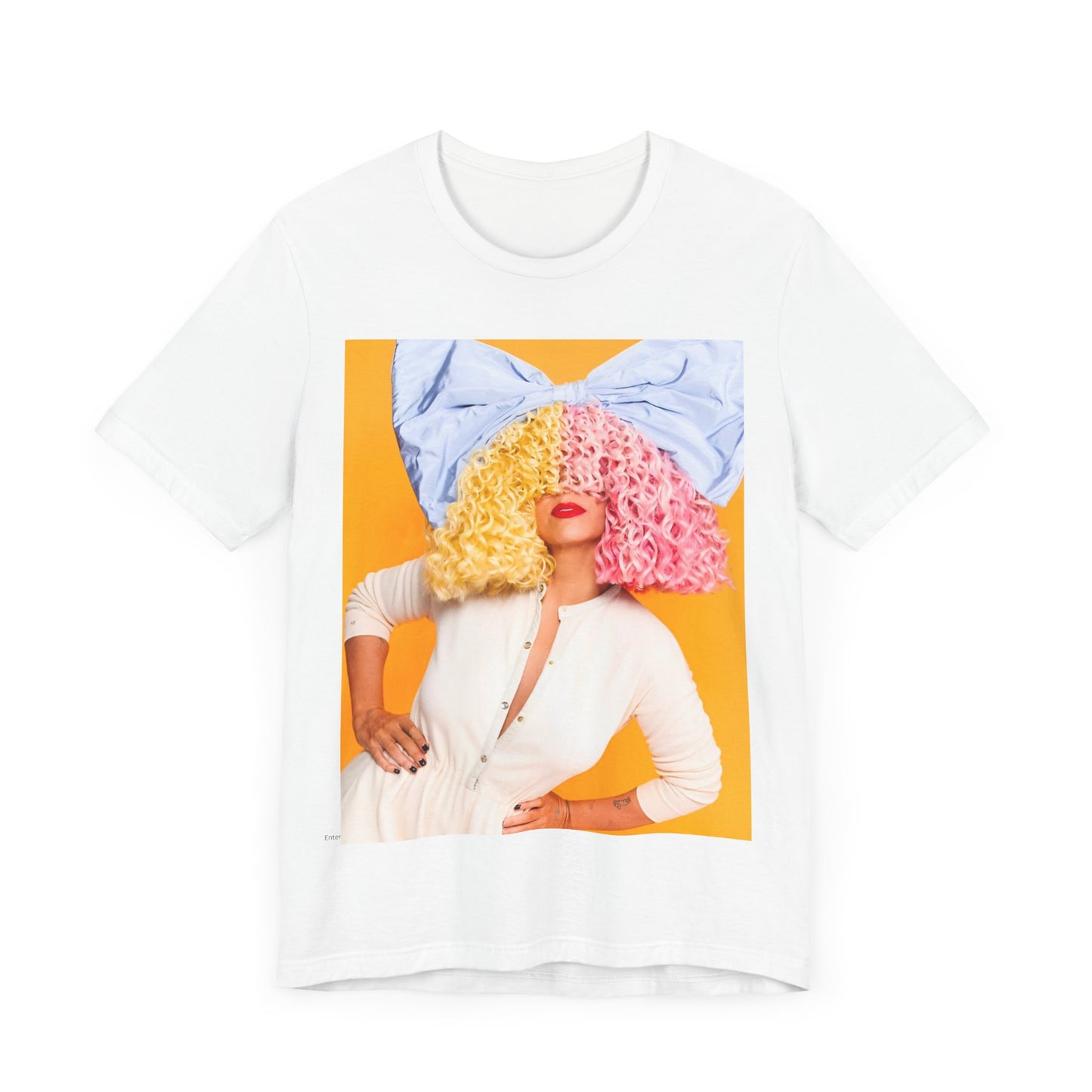 A black graphic t-shirt featuring a chill indie pop graphic of Sia.