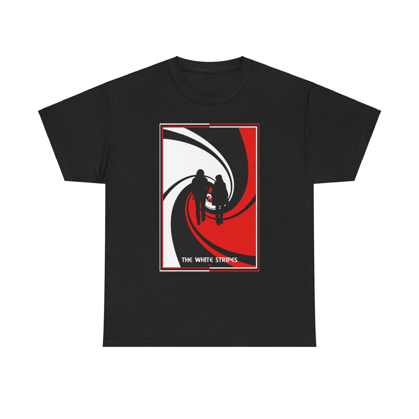 A black graphic t-shirt featuring a minimalist design graphic for The White Stripes.