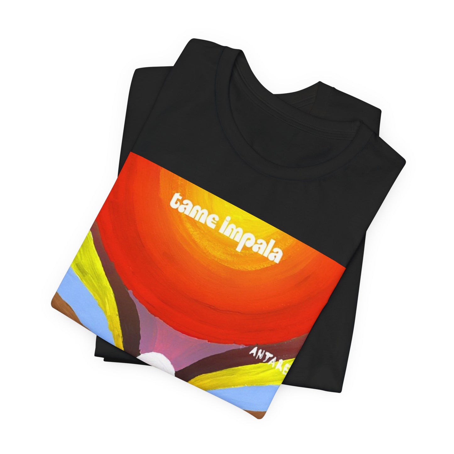 A black graphic t-shirt featuring a graphic inspired by Tame Impala's albums.