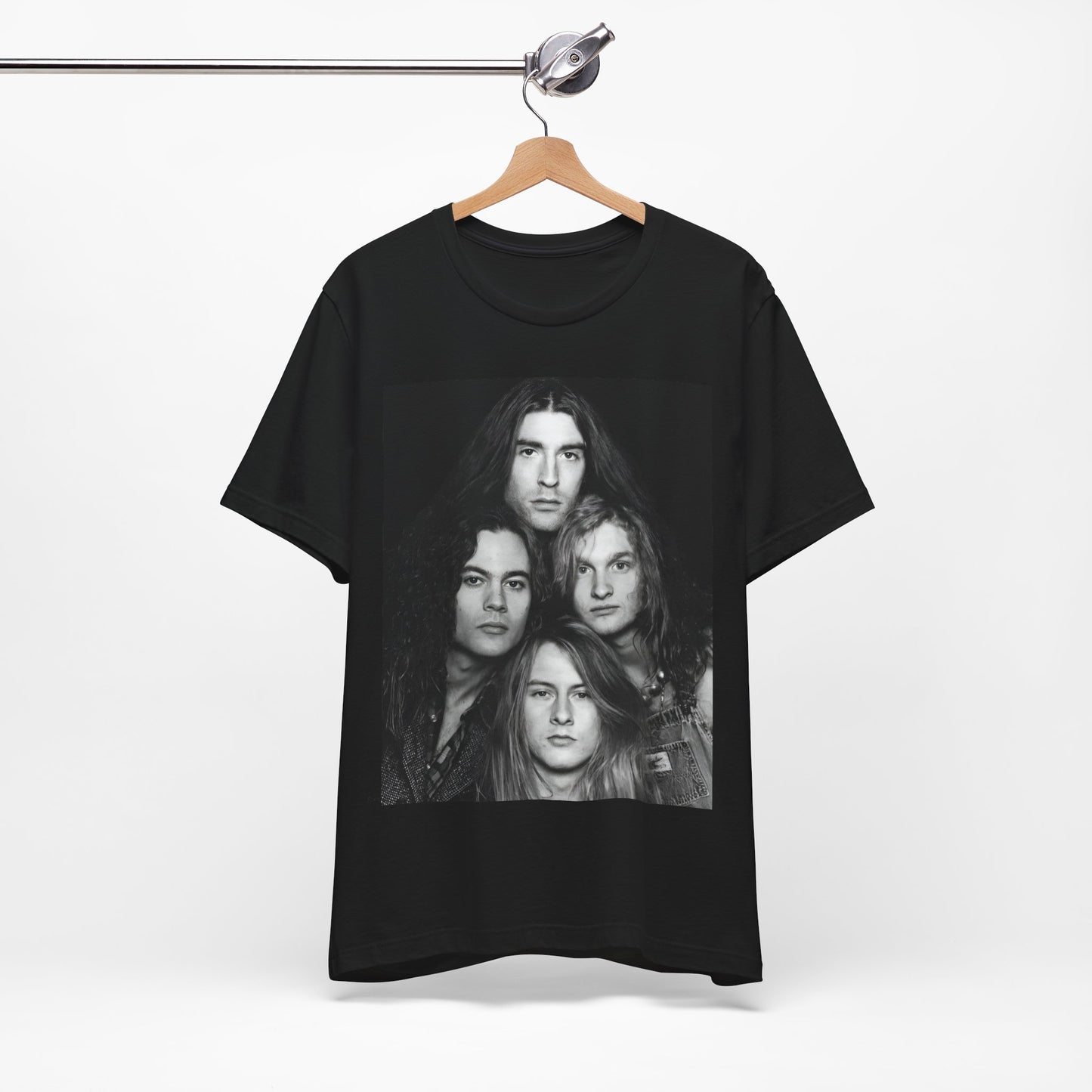 A black graphic t-shirt featuring a black and white graphic related to Alice In Chains' 90s 'Facelift' album era, possibly with band members in a stylized design.