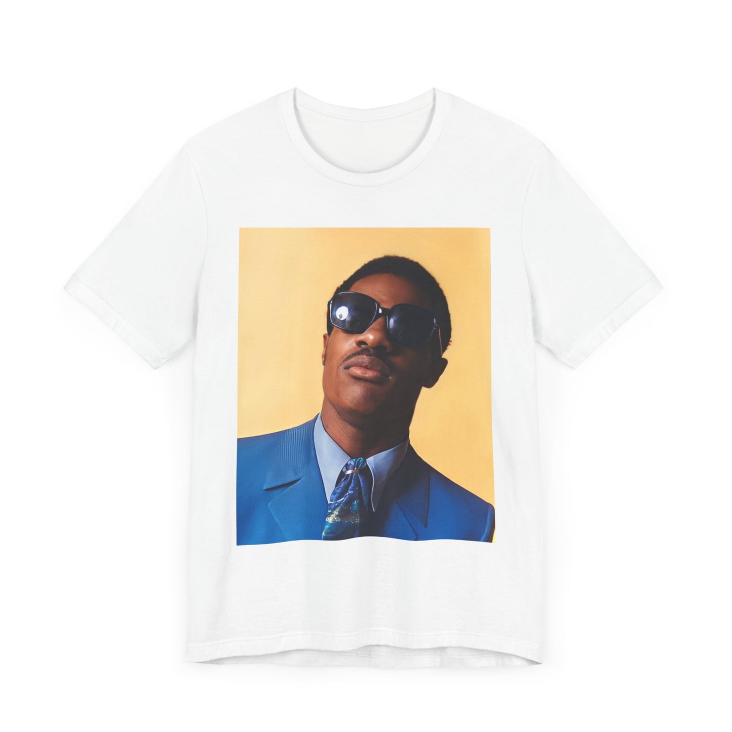 A black graphic t-shirt featuring a vintage graphic related to Stevie Wonder's 'Superstition' song or era.