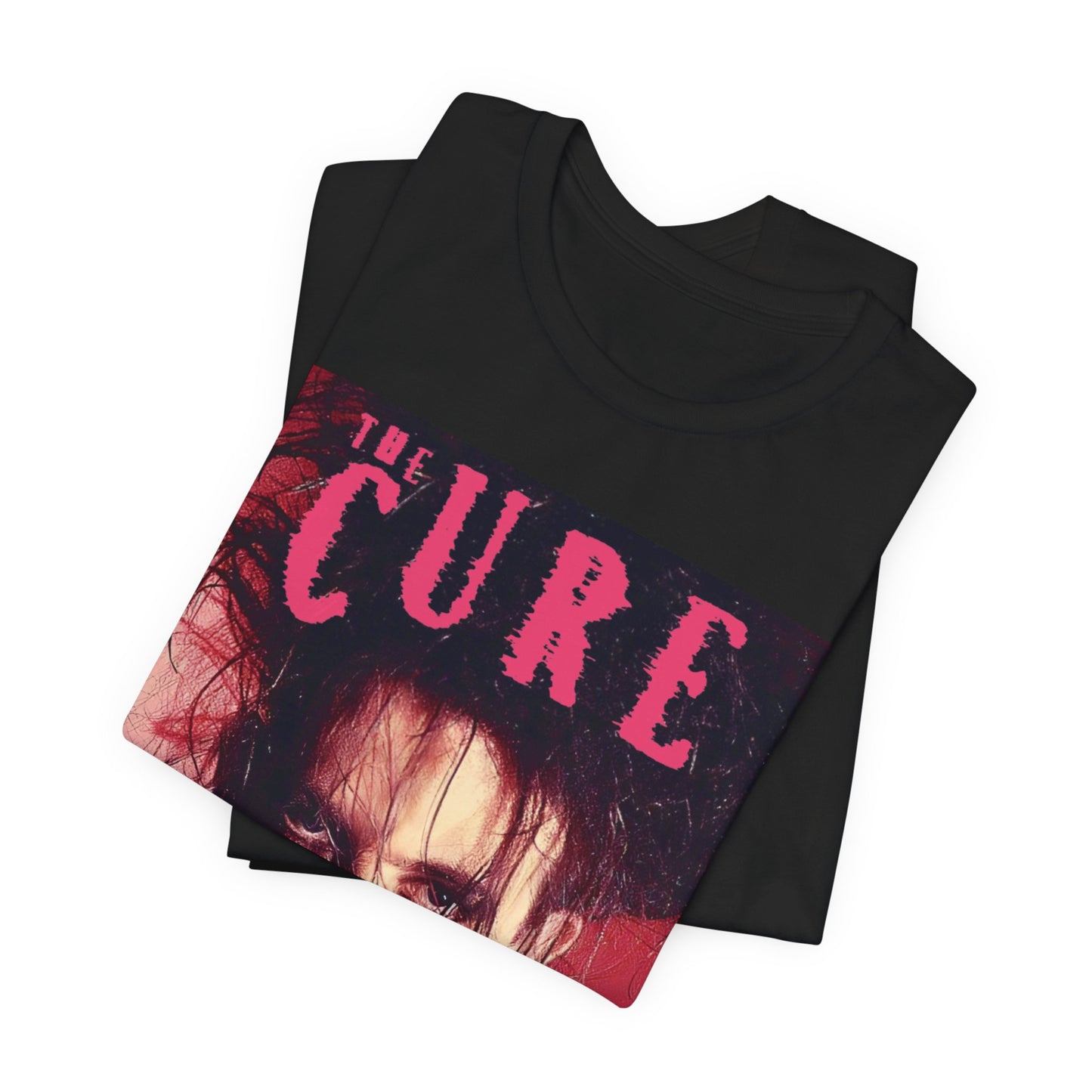 A black graphic t-shirt featuring a vintage graphic related to The Cure's 'Just Like Heaven' song or era.