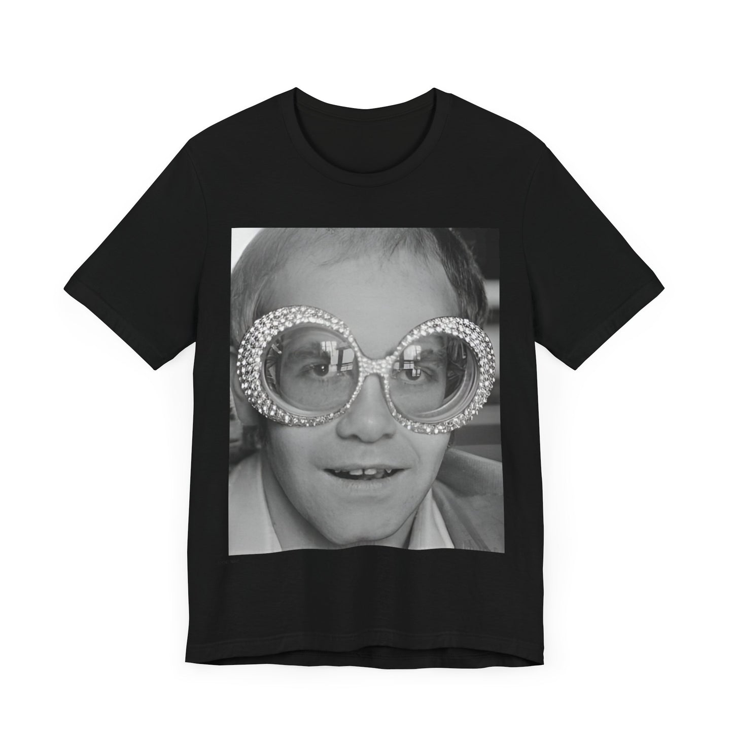 A black graphic t-shirt featuring a graphic of Elton John emphasizing his iconic glasses and fashion.