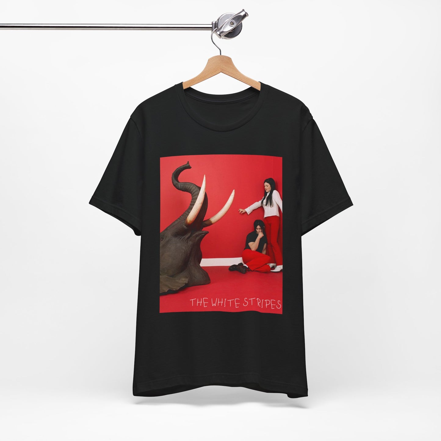 A black graphic t-shirt featuring a graphic related to The White Stripes' 'Elephant' album.
