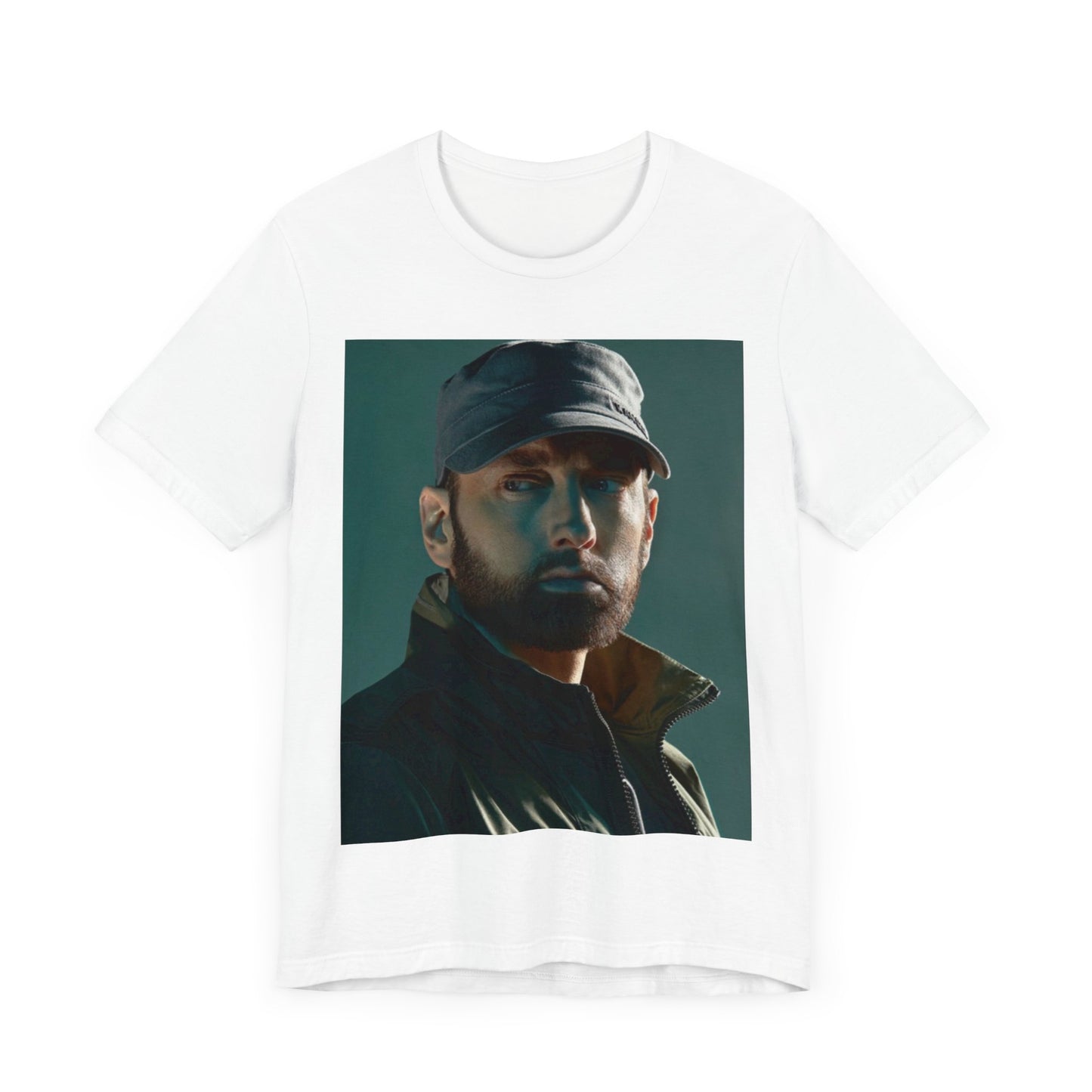 A black graphic t-shirt featuring a graphic of Eminem as a rap genius.