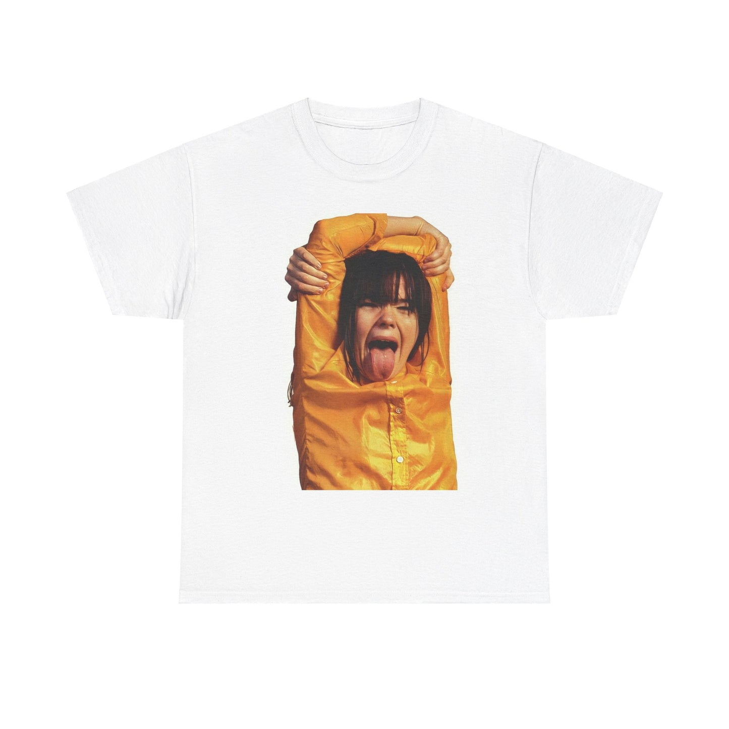 A black graphic t-shirt featuring a photo of Bjork with her tongue playfully sticking out.