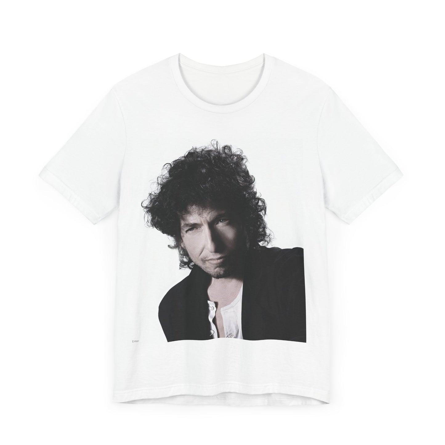 A black graphic t-shirt featuring a timeless folk rock graphic of Bob Dylan, possibly with his guitar or harmonica.