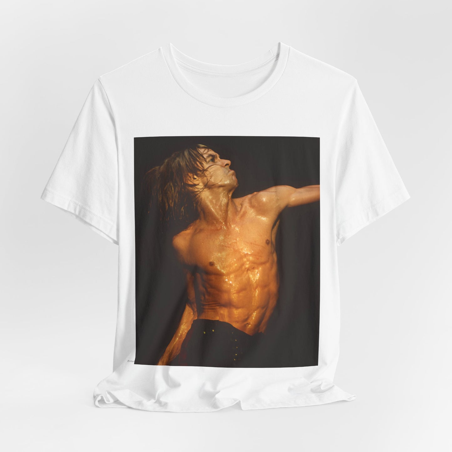 A black graphic t-shirt featuring an iconic photo of Iggy Pop performing live on stage.