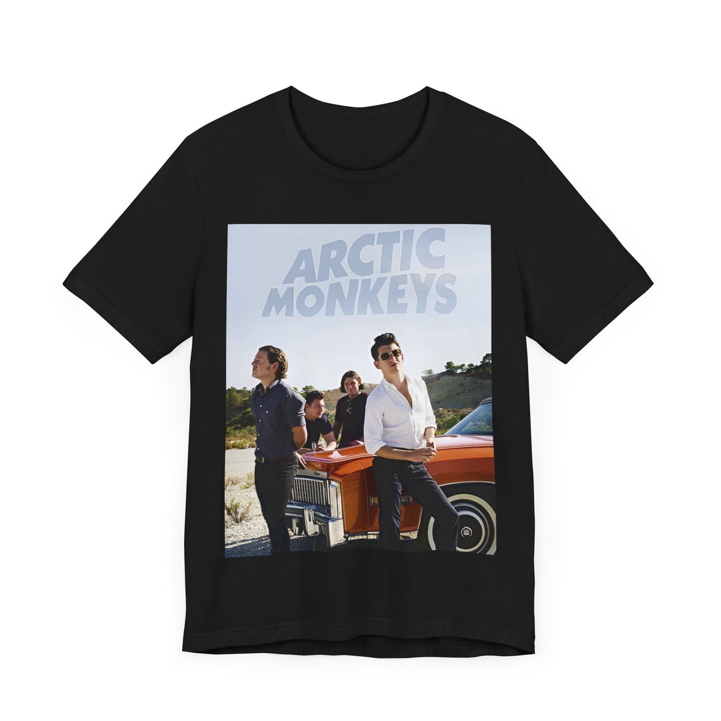 A black graphic t-shirt featuring a design related to Arctic Monkeys' 'AM' album era, possibly with the album art or band imagery.
