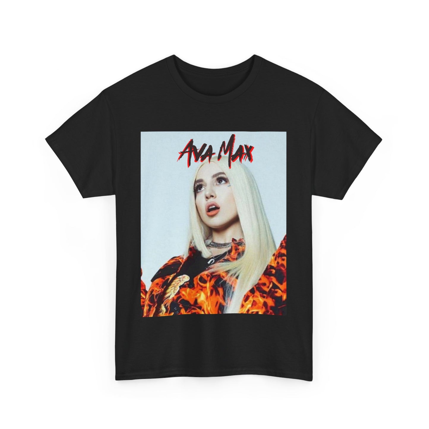 A black graphic t-shirt featuring a dynamic and 'hot' graphic of Ava Max, emphasizing her energetic pop star persona.