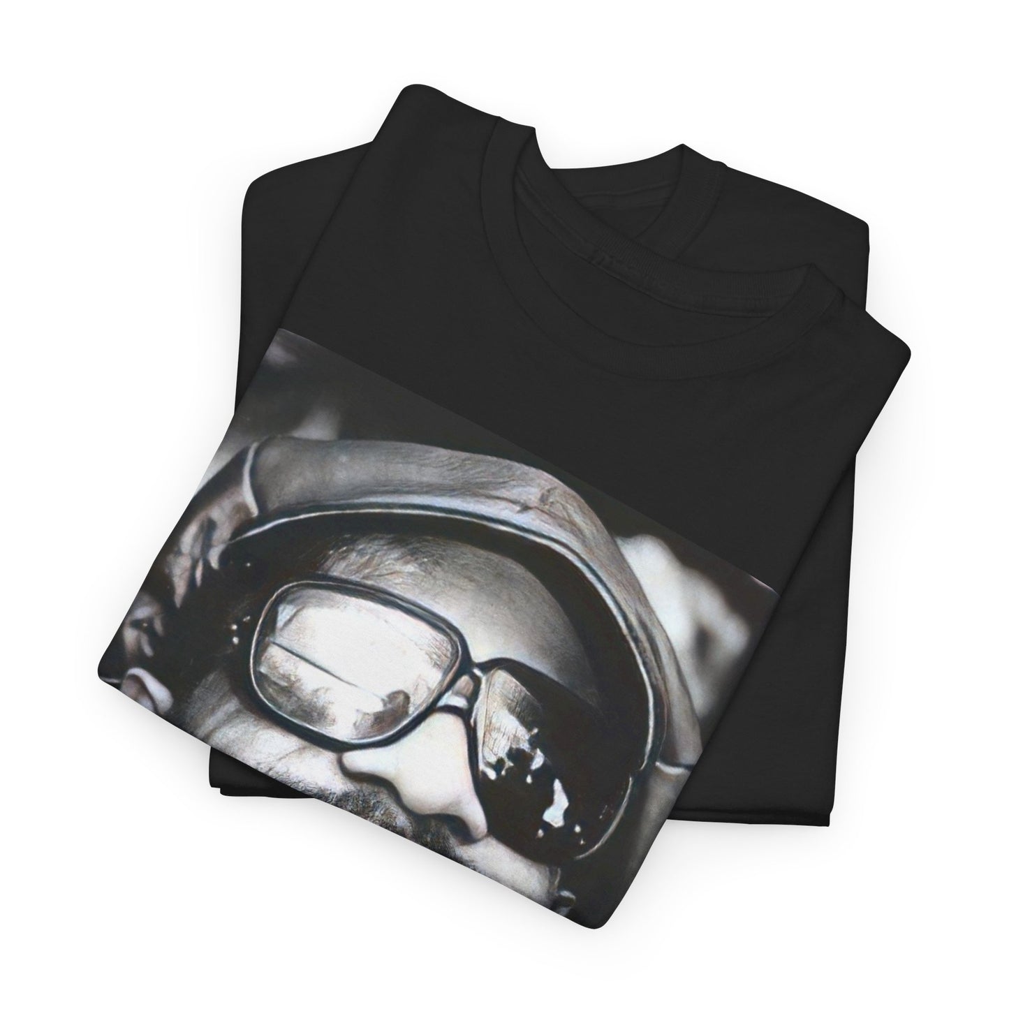 A black graphic t-shirt featuring a black and white portrait photo of Stevie Wonder.
