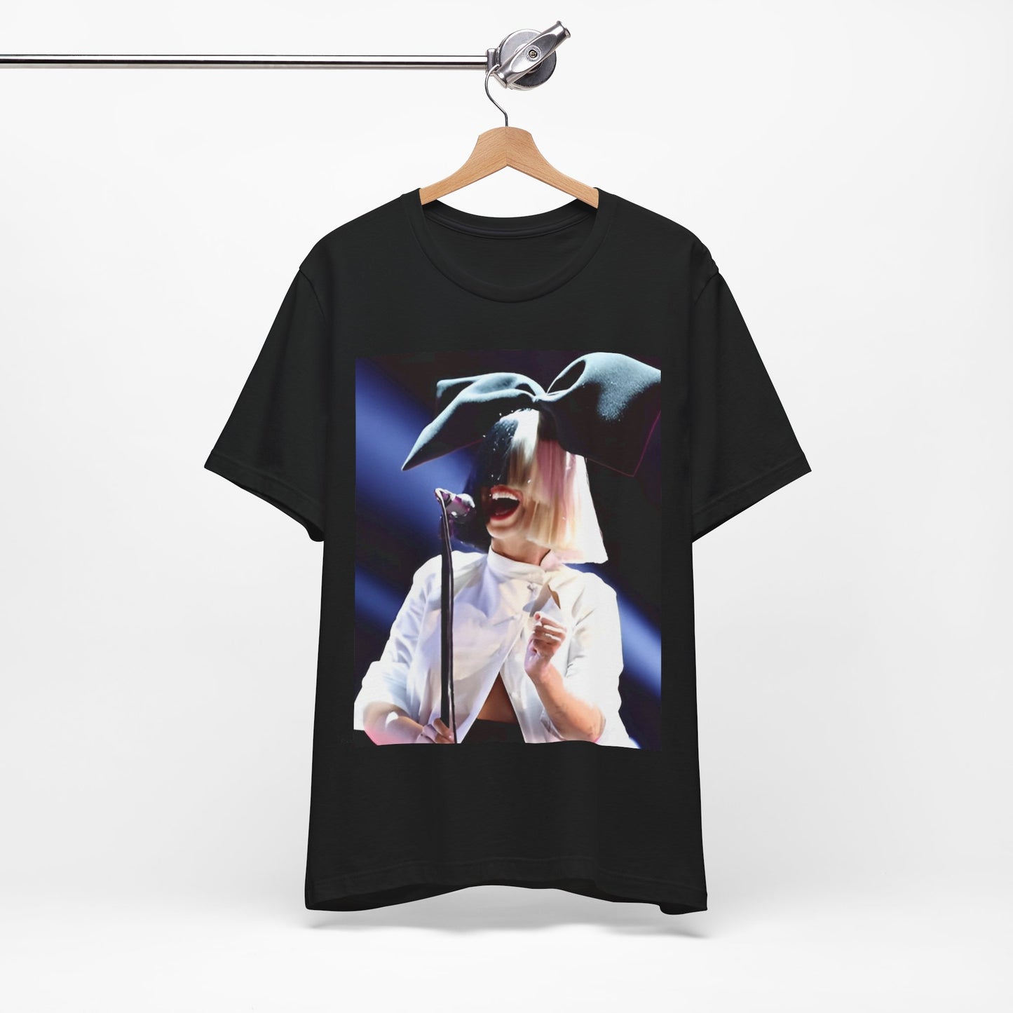 A black graphic t-shirt featuring a graphic related to Sia's 'Elastic Heart' live era.