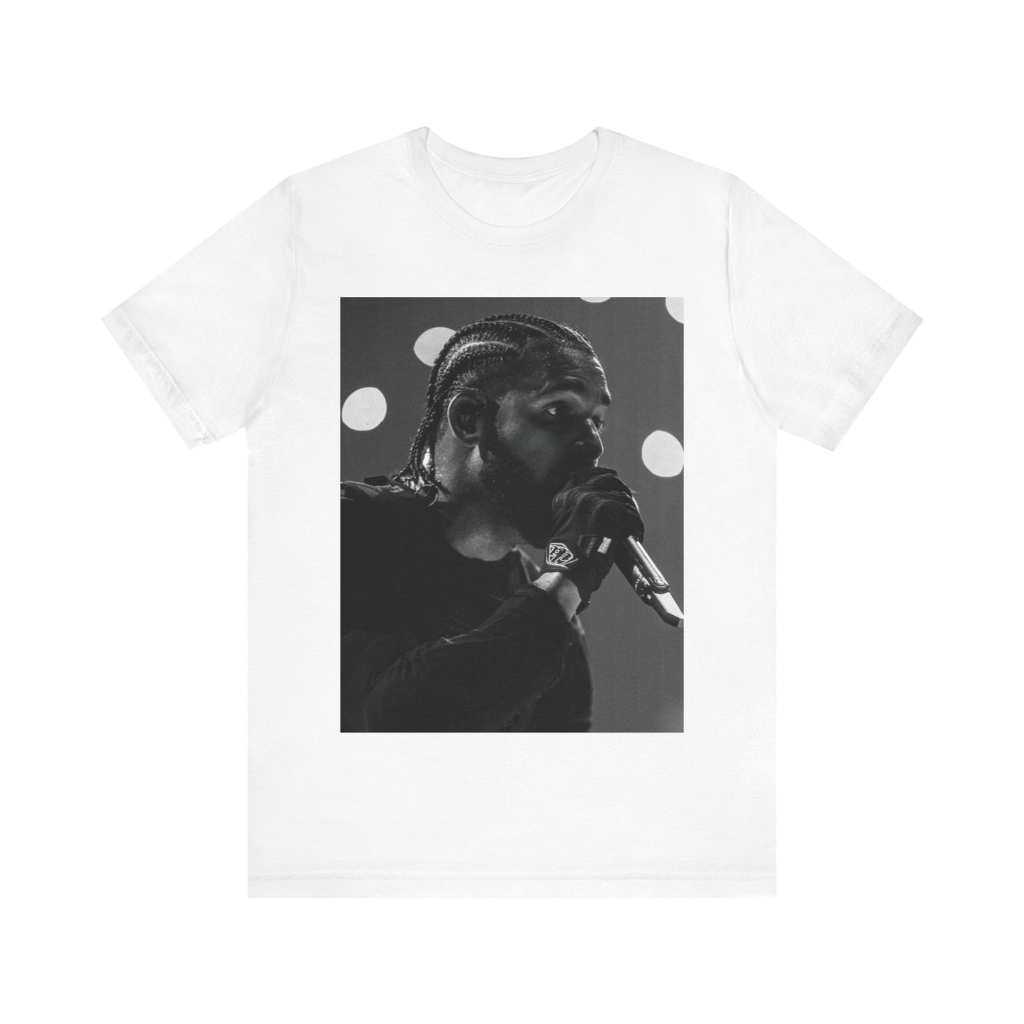 A black graphic t-shirt featuring a classic black and white style graphic of Drake.