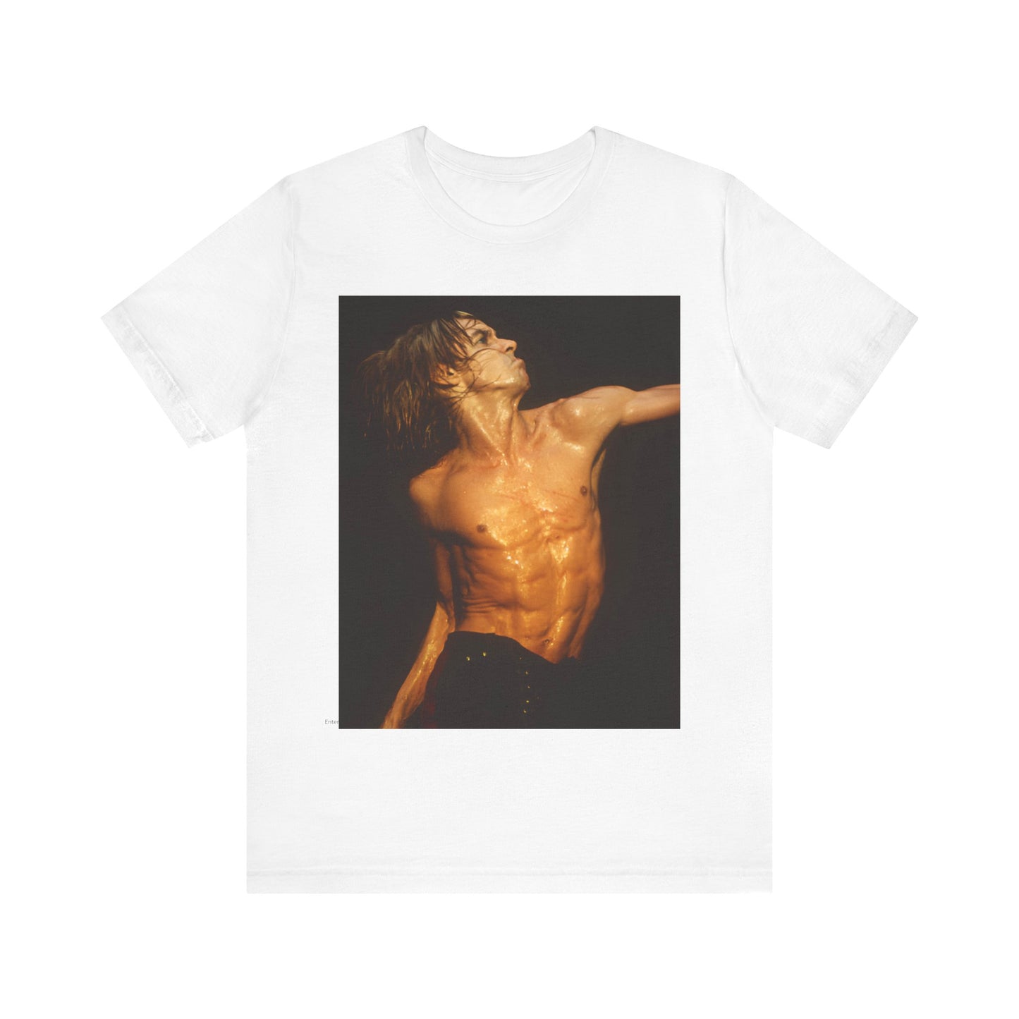 A black graphic t-shirt featuring an iconic photo of Iggy Pop performing live on stage.