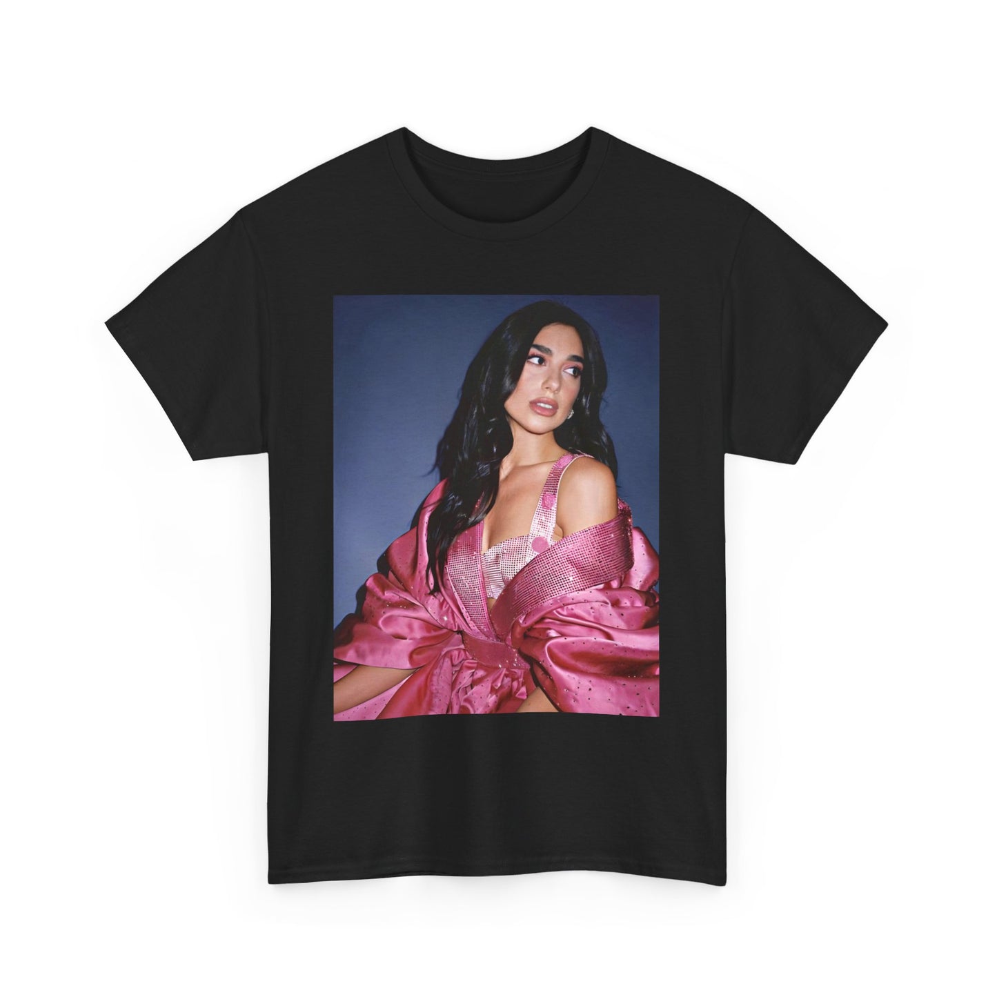 A black graphic t-shirt featuring a retro photo of Dua Lipa from her "Future Nostalgia" era.
