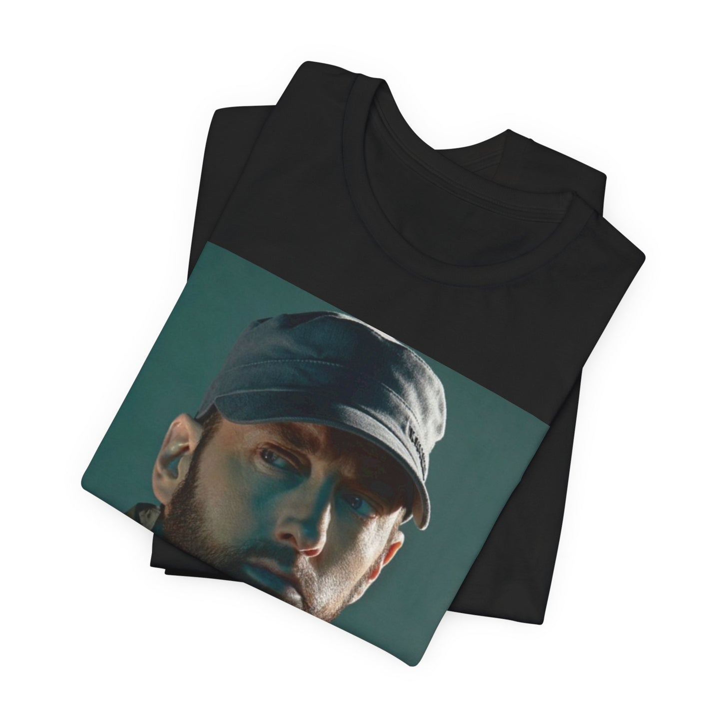 A black graphic t-shirt featuring a graphic of Eminem as a rap genius.