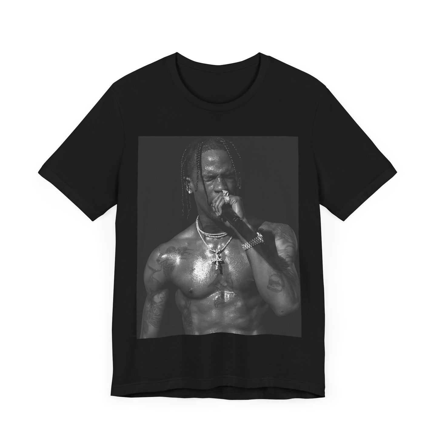 A black graphic t-shirt featuring an underground hip hop graphic of Travis Scott.