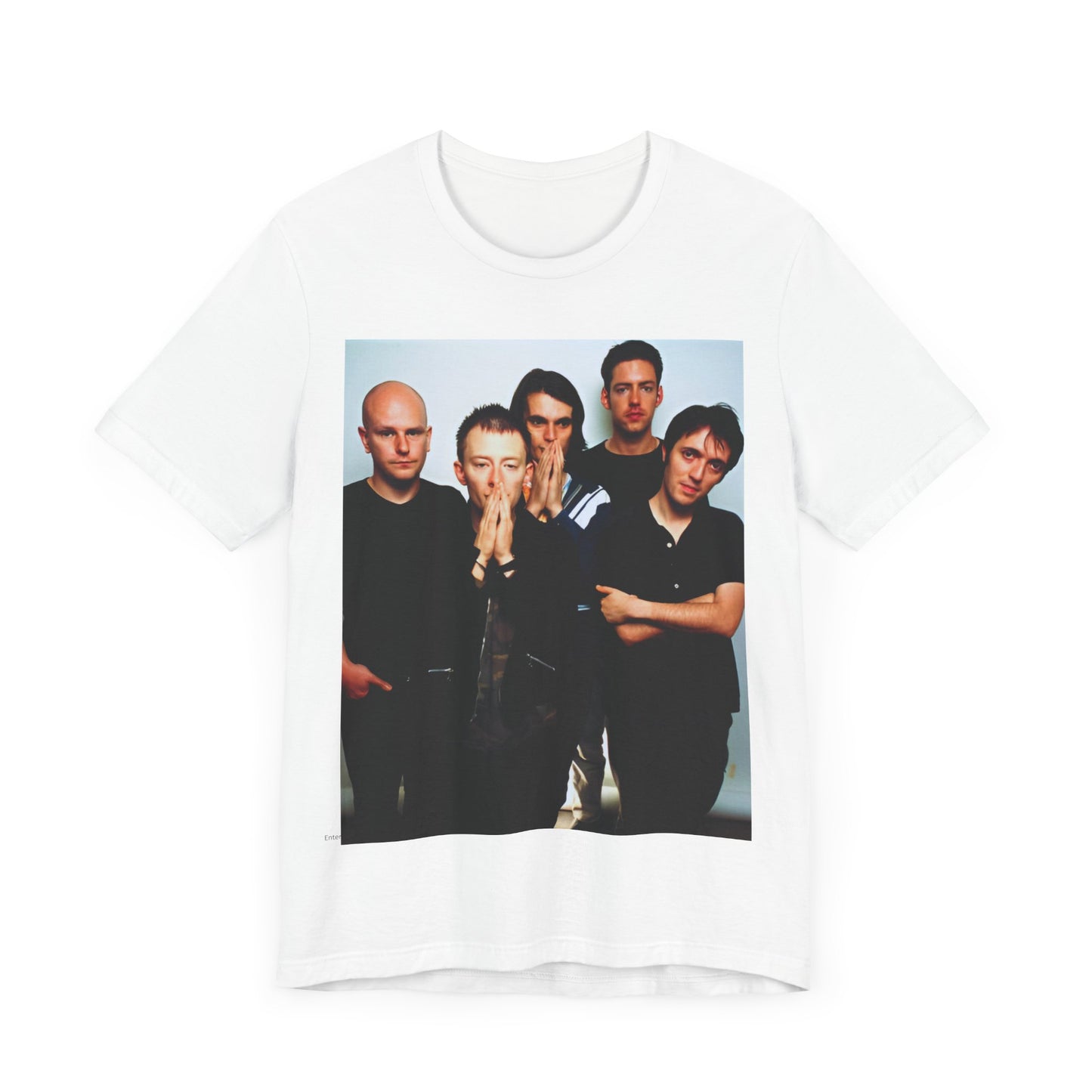 A black graphic t-shirt featuring a bold alt rock superstar graphic of Radiohead.