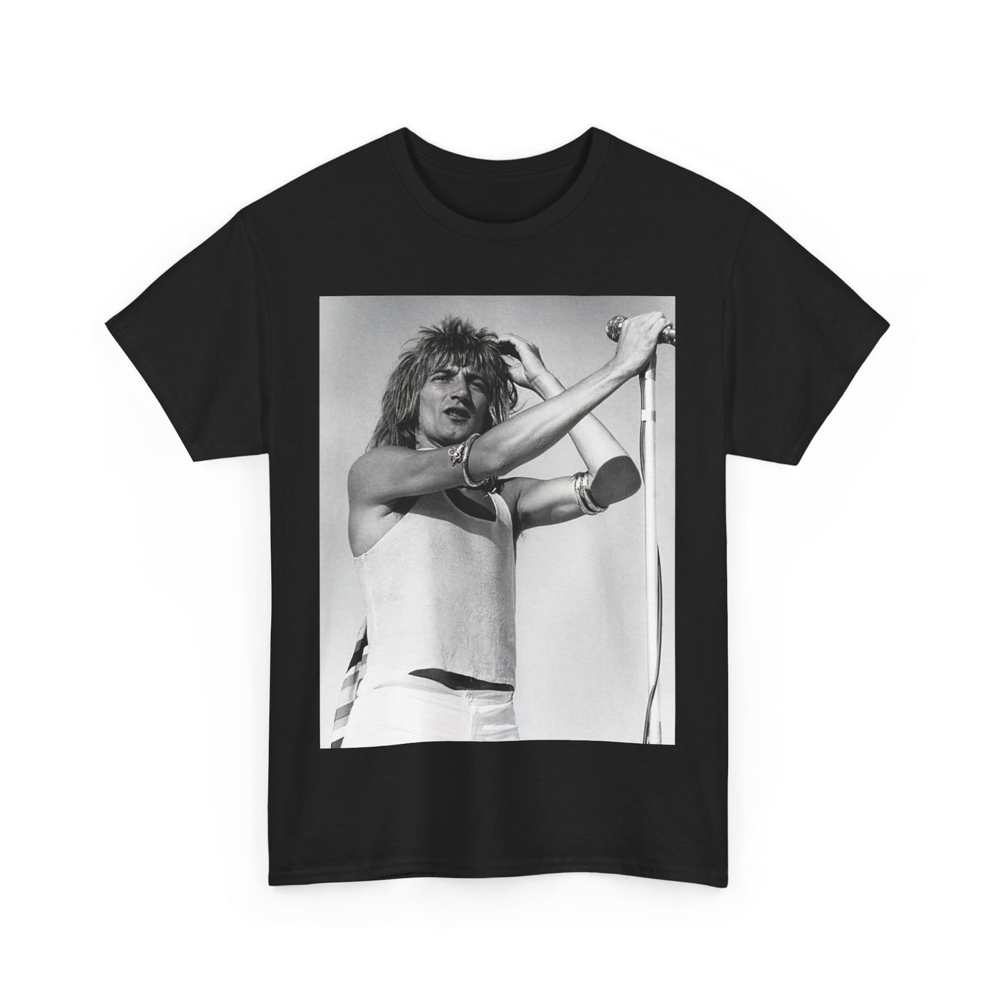 A black graphic t-shirt featuring a vintage black and white graphic or photo of Rod Stewart on tour.