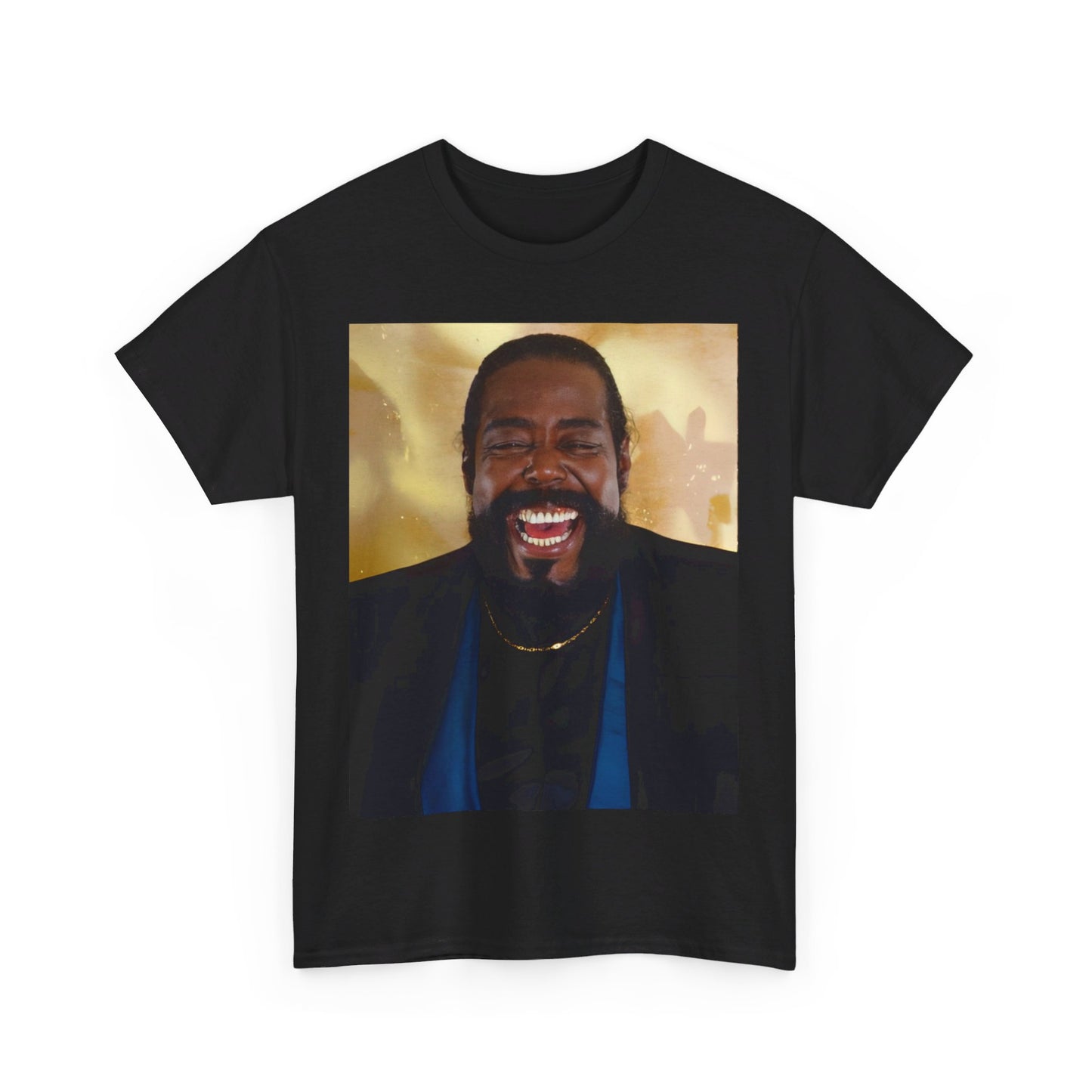 A black graphic t-shirt featuring a graphic of Barry White with a funky, happy vibe.