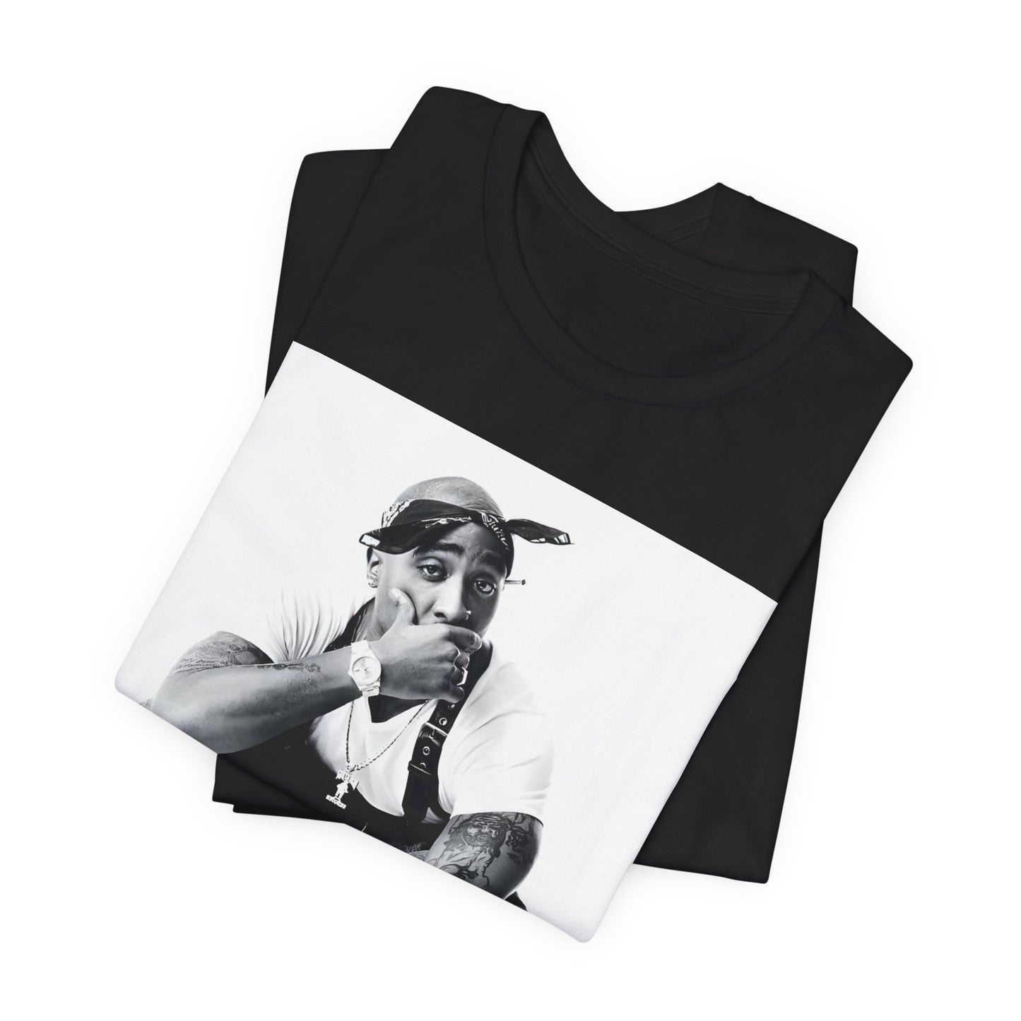 A black graphic t-shirt featuring a graphic of Tupac with a conscious rap vibe.