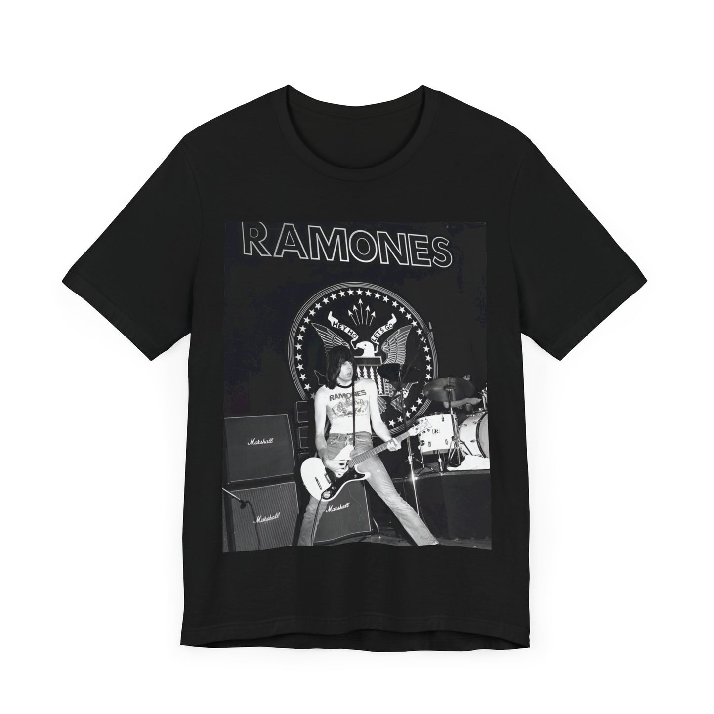 A black graphic t-shirt featuring a graphic of the Ramones with a cool NYC punk scene aesthetic.