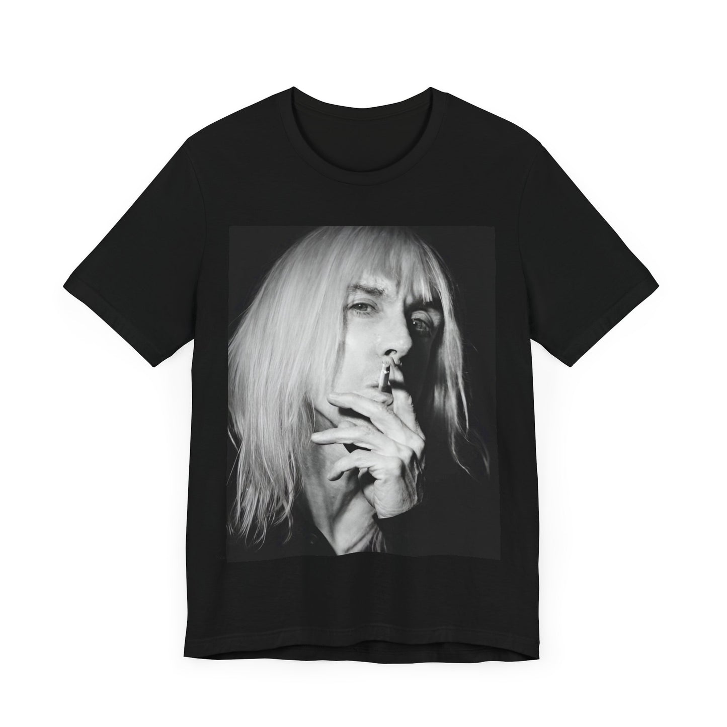 A black graphic t-shirt featuring a black and white graphic or photo of Iggy Pop holding a cigar.