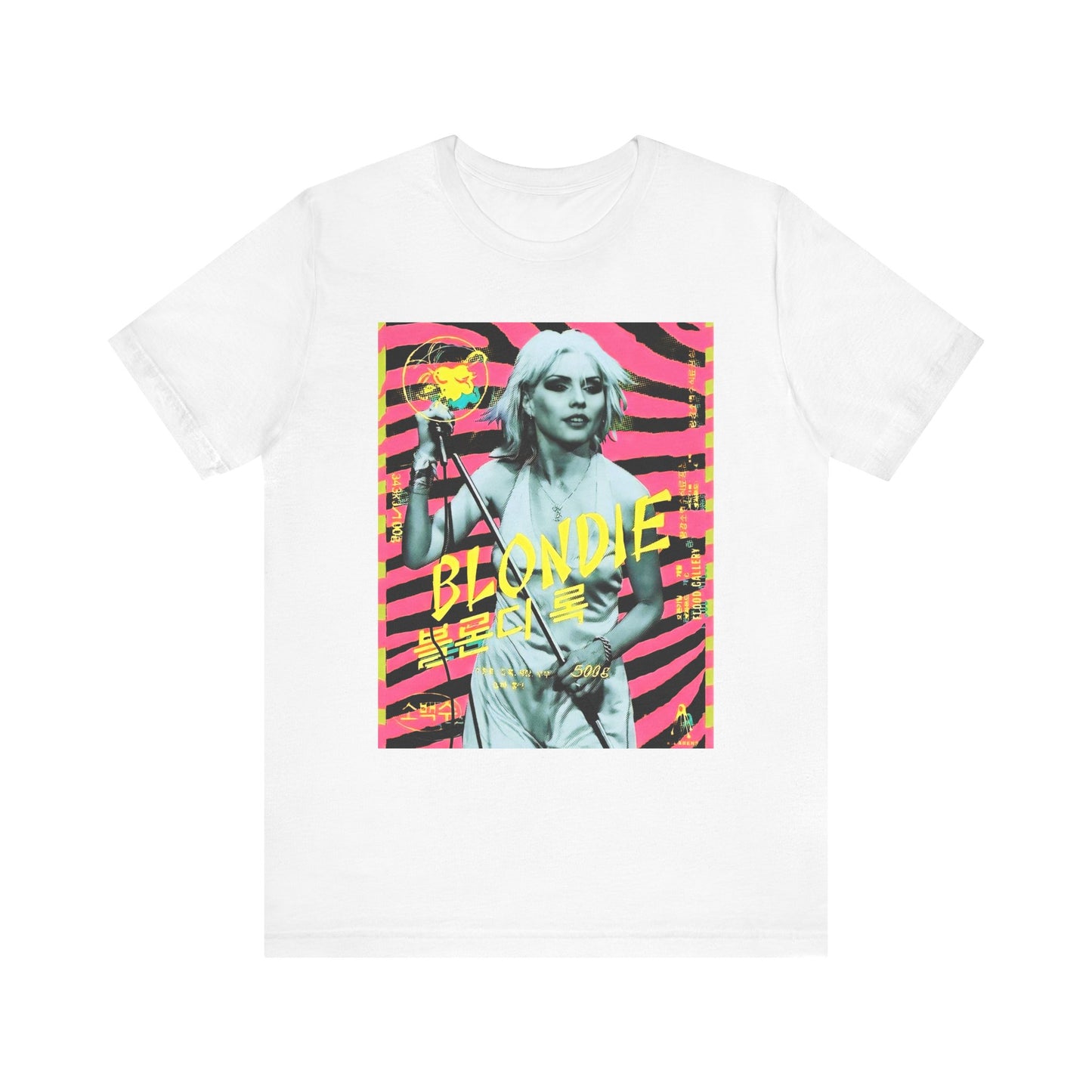 A black graphic t-shirt featuring a retro 70s pop art style graphic of Blondie.