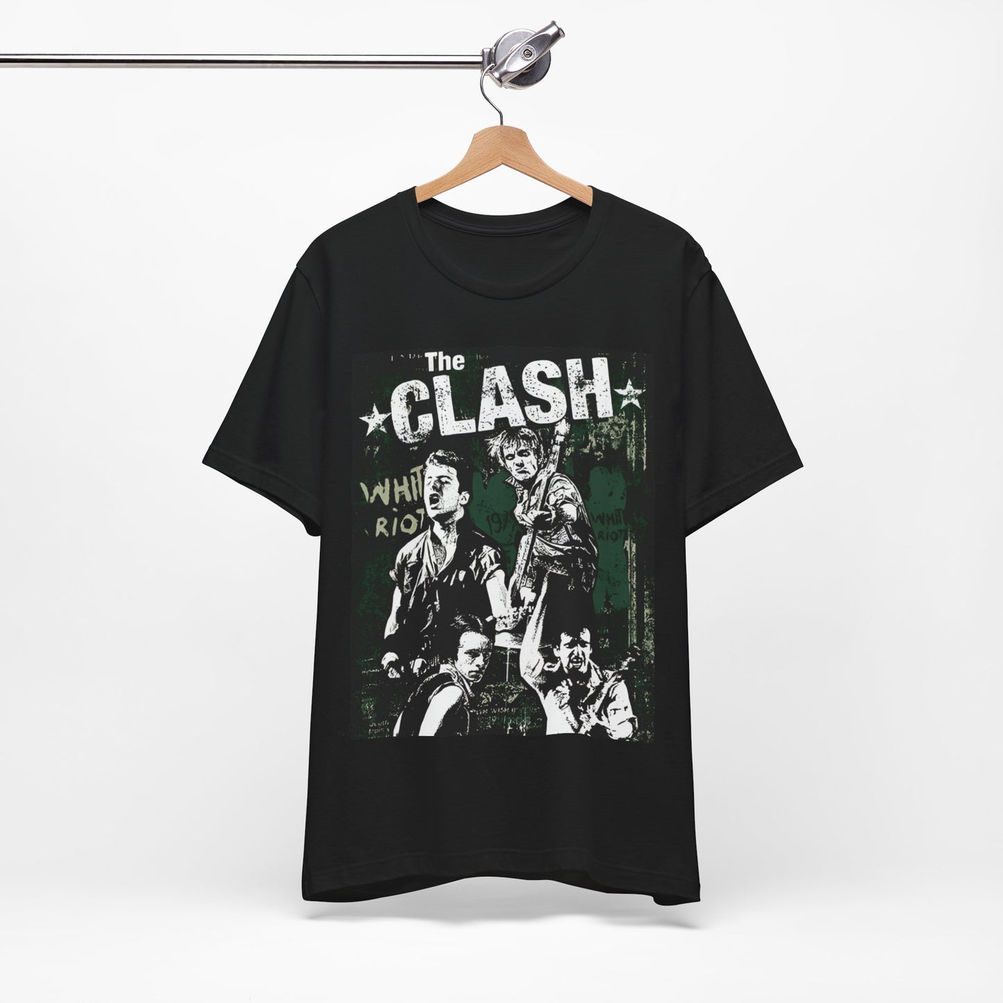A black graphic t-shirt featuring a graphic related to The Clash's 'White Riot' song.