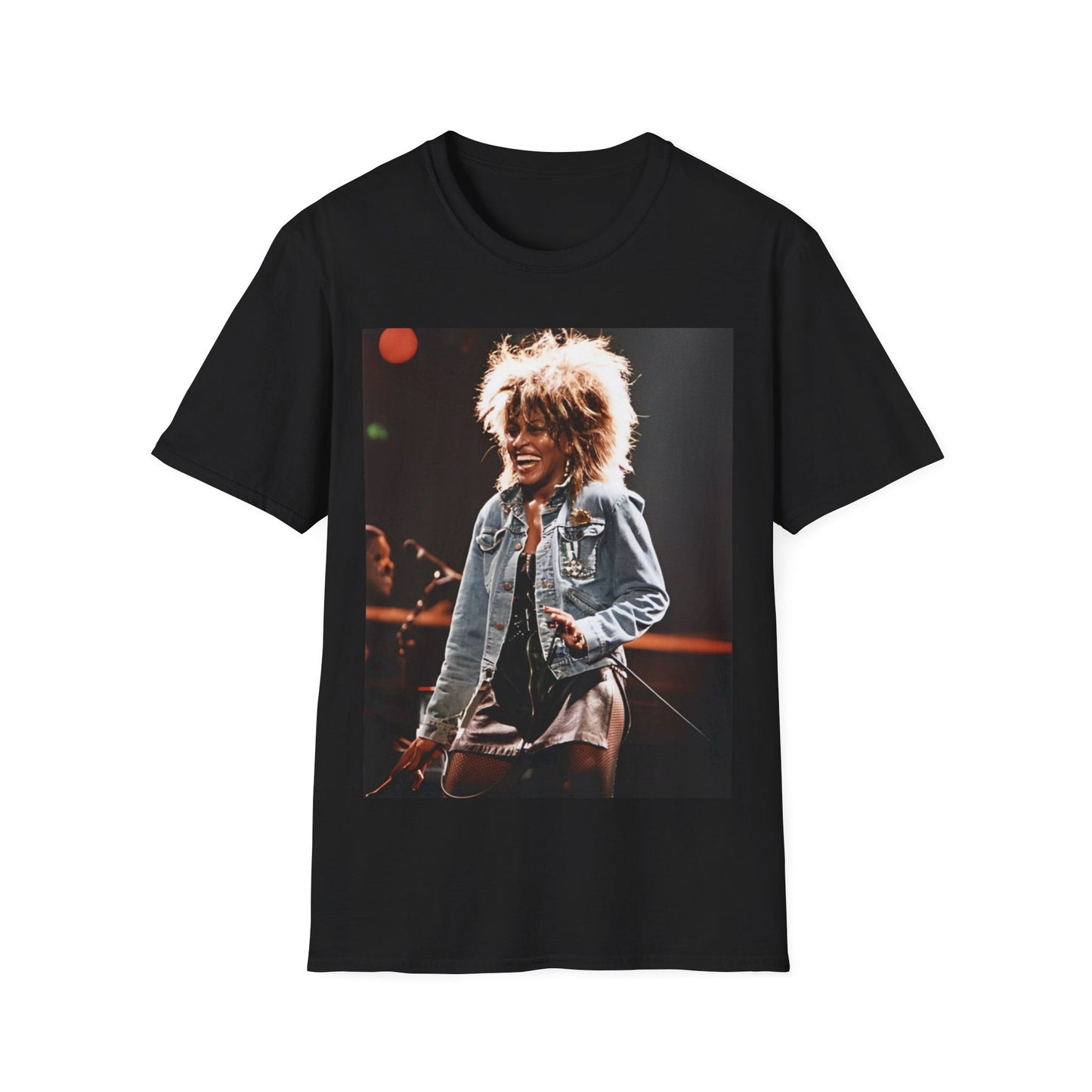A black graphic t-shirt featuring a 90s graphic of Tina Turner emphasizing her on-stage presence.