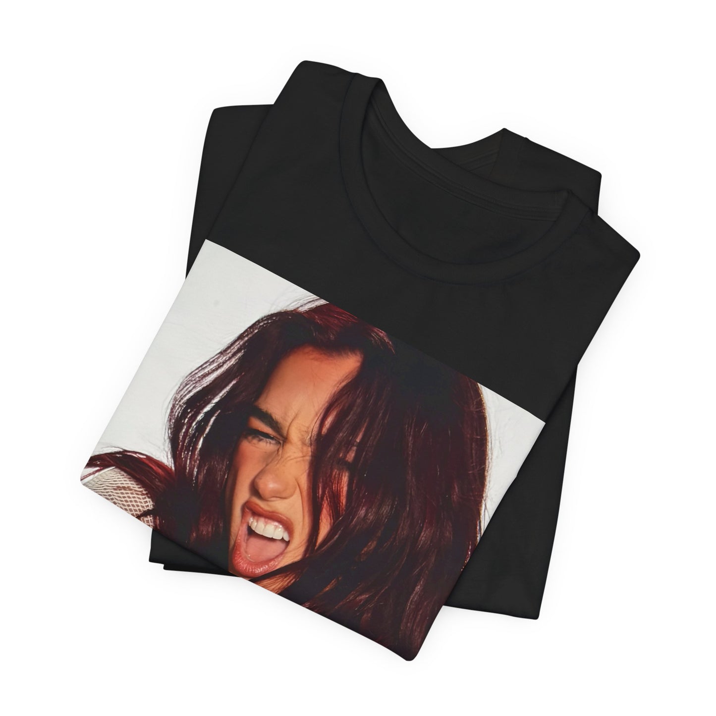 A black graphic t-shirt featuring a bold disco pop graphic of Dua Lipa as a superstar.