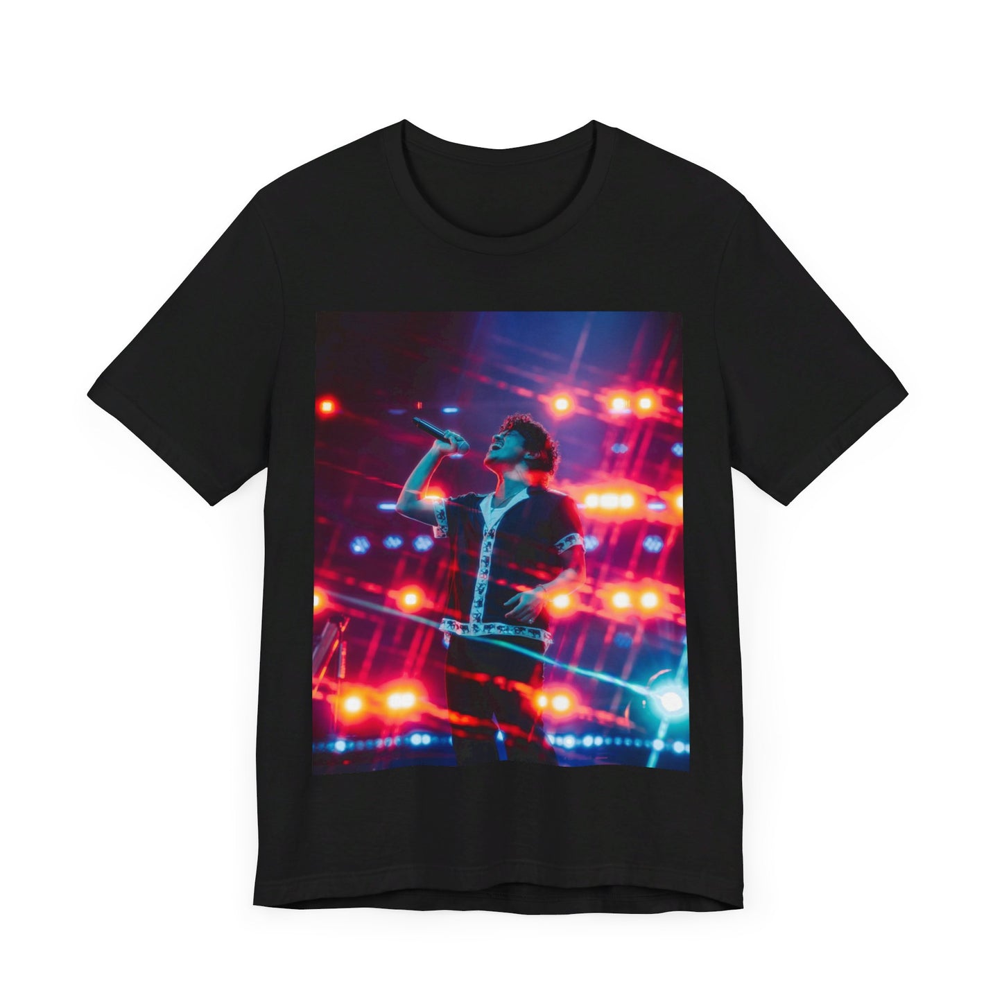A black graphic t-shirt featuring a vintage tour graphic for Bruno Mars' '24K Magic' era.