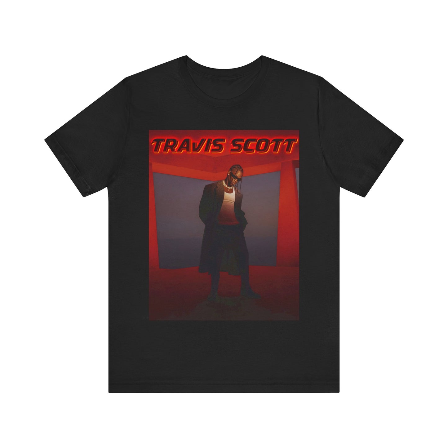 A black graphic t-shirt featuring a graphic of Travis Scott with a dreamy rap soundscape aesthetic.