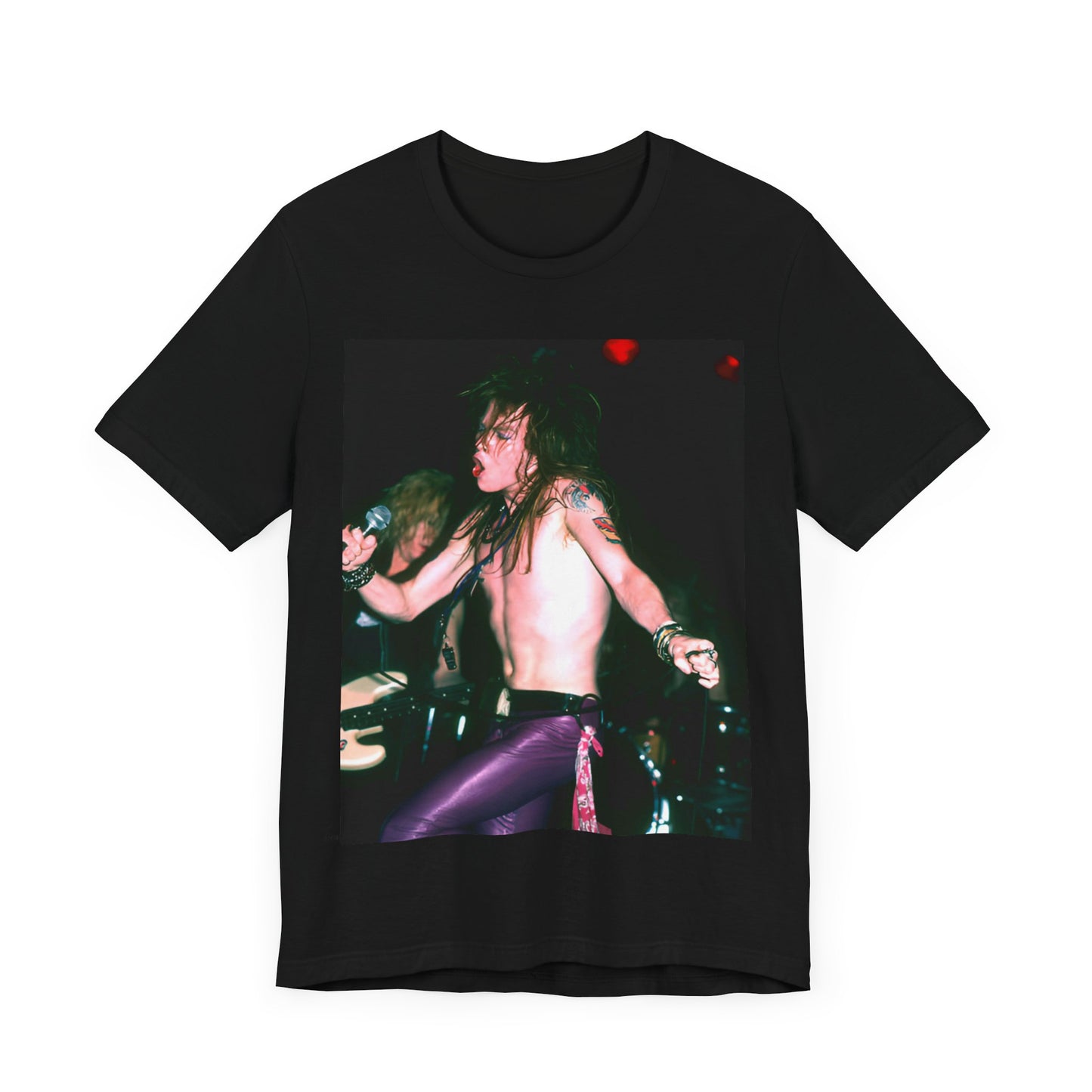 A black graphic t-shirt featuring a graphic of Axl Rose from Guns N' Roses performing on stage in the 80s.