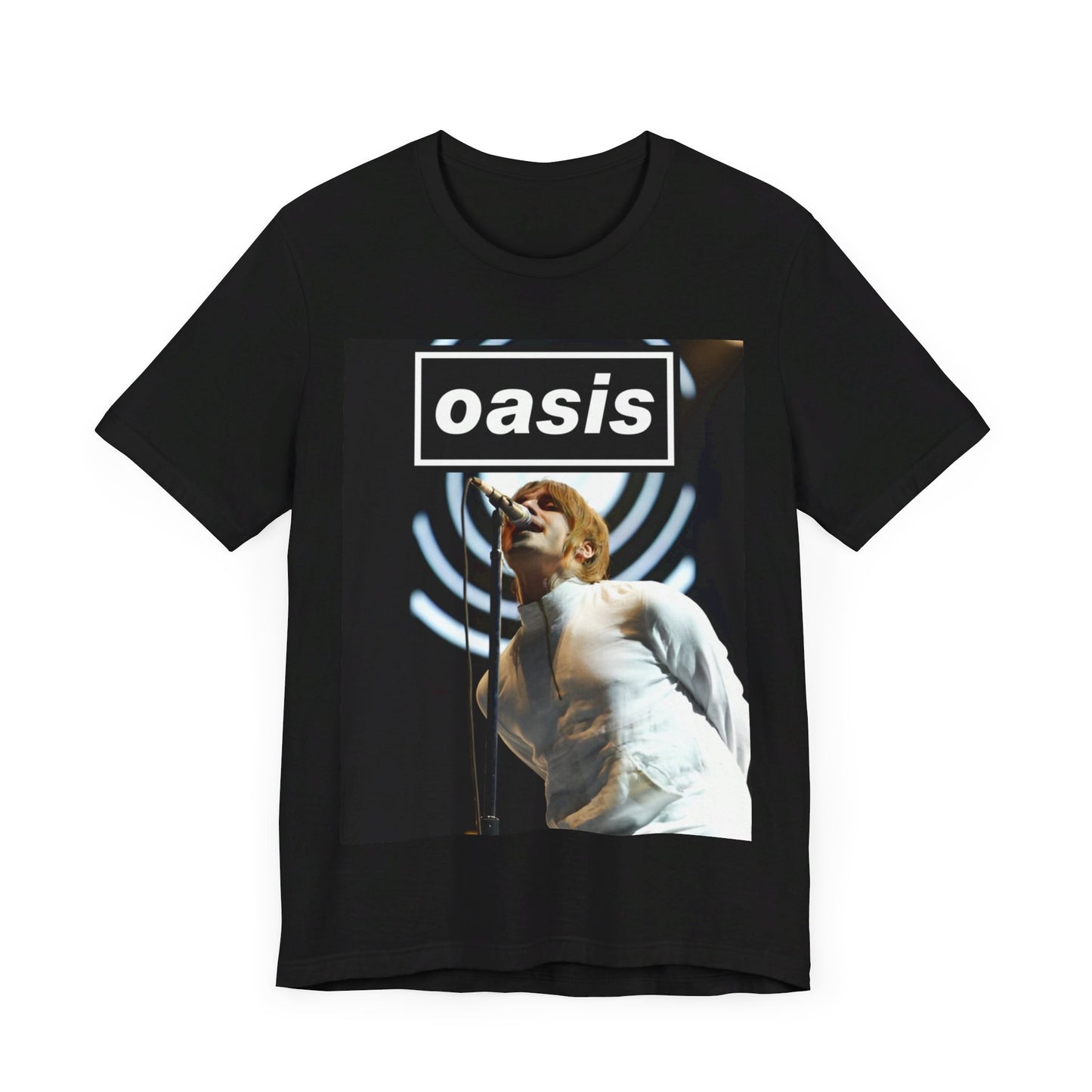 A black graphic t-shirt featuring a graphic or photo of Oasis performing live.